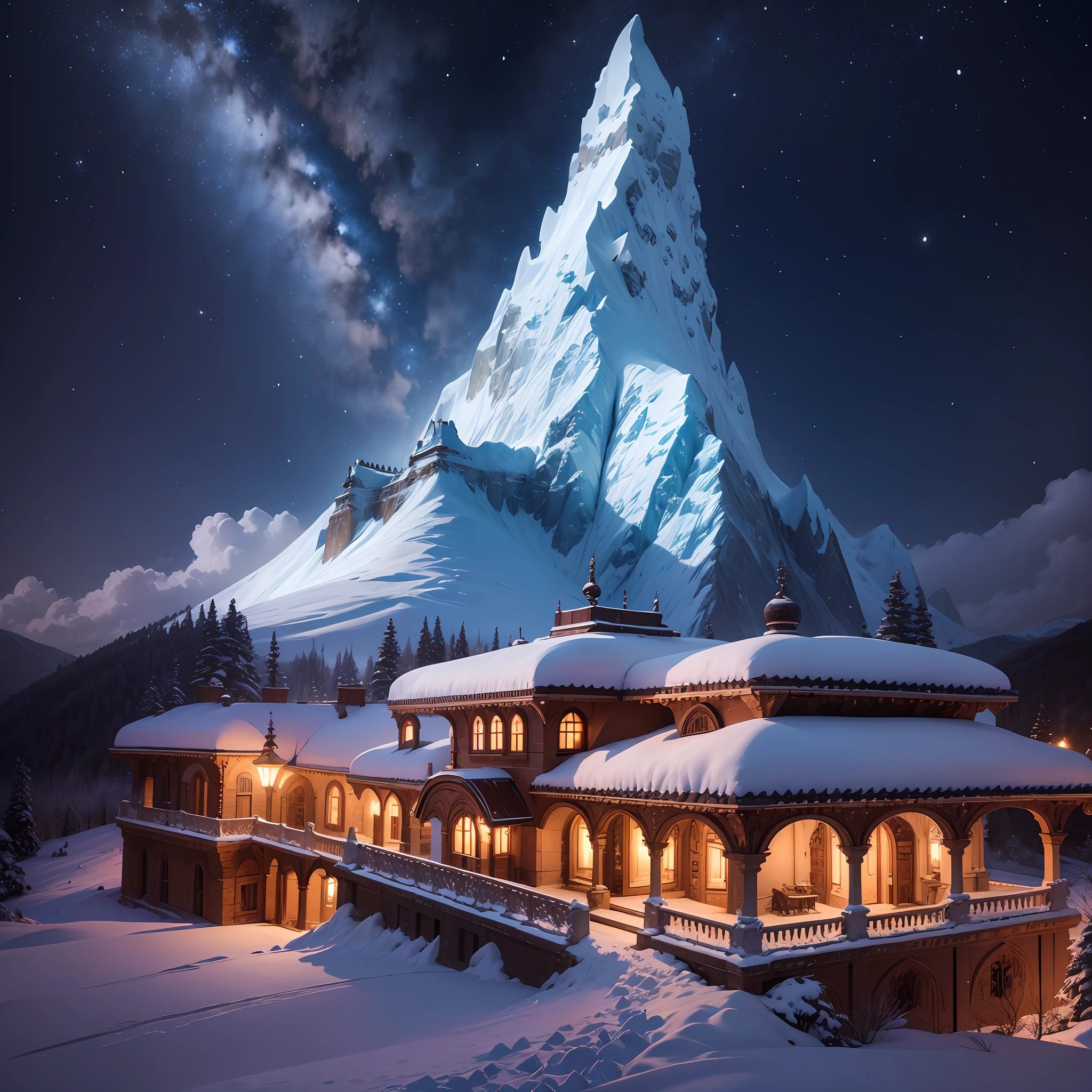 Castelo moderno tecnologicas com ledis em uma montanha no everest, neve, a noite a luz do luar, detalhado, 8k --auto --s2