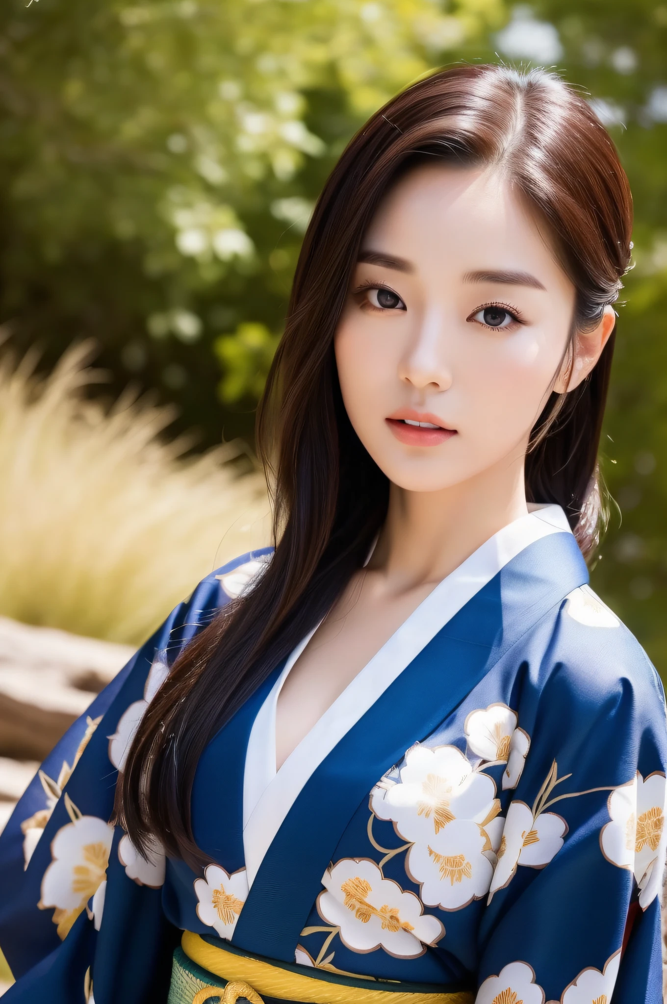 ((Top Quality, 8K, Masterpiece: 1.3)), Sharp Focus: 1.2, (Super Beautiful Face: 1.0), (Slender Abs Beauty: 1.0), (Shiny Skin: 1.0), Realistic Photography, Black Hair, Realistic Pupils, Video Lighting, High Definition Eyes and Face, Video Lighting, (Cowboy Shot: 1.3), kimono, hakama, obi, (Korean Cute Actress), in nature, traditional kimono