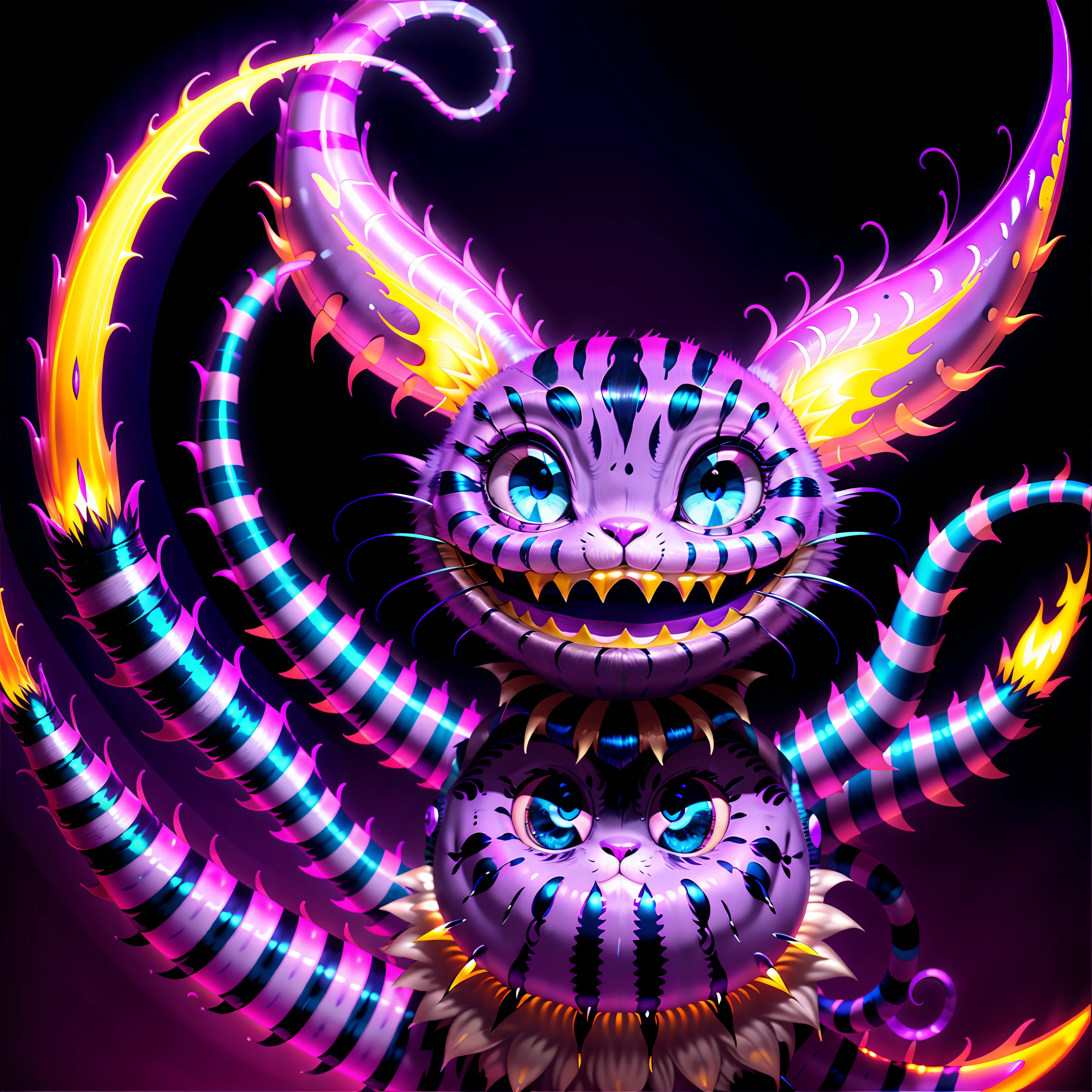 (cheshire cat:1.3), (wonderful:1.05), (mutant:1.1), (wide mouth), (Brightly-Blue eyes), glowing neon-purple fur, neon striped tail, mischievous, sinister, (creepy), (dark background), neon lines on the background, sharp focus, (glowing purple fire on background), (full body), udr, 4k