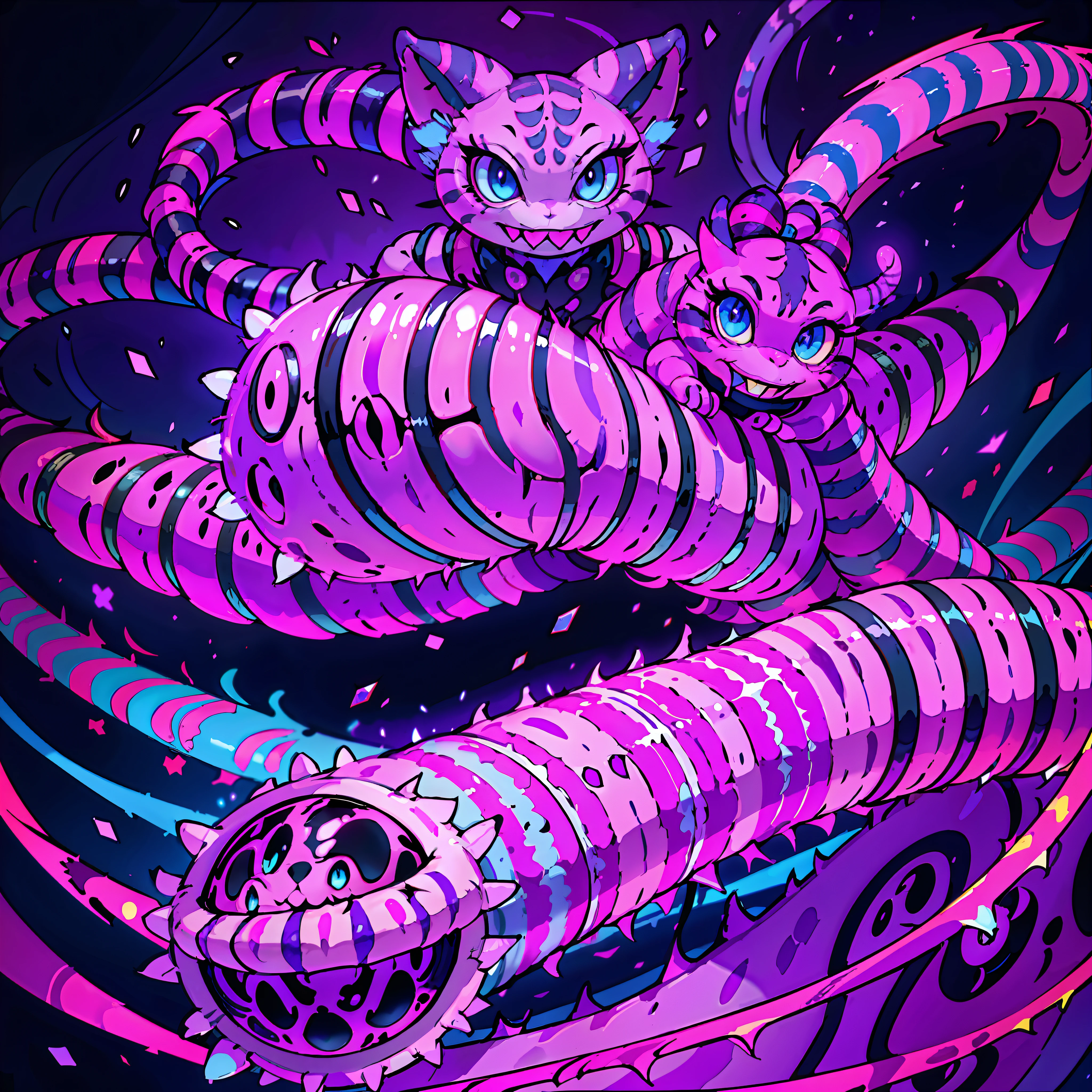 (cheshire cat:1.3), (wonderful:1.05), (mutant:1.1), (wide mouth), (Brightly-Blue eyes), glowing neon-purple fur, neon striped tail, mischievous, sinister, (creepy), (abstract dark-coloured background), neon lines on the background, sharp focus, (glowing purple fire on background), (full body), udr, 4k