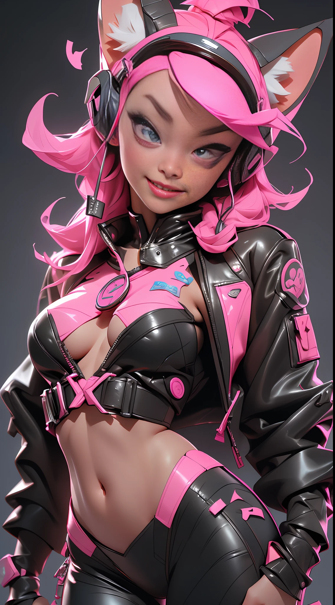 (Best quality), (masterpiece), (realistic) and ultra-Detailed photo of cute girl in futuristic neon headphones with plastic fox ears, She has a (pink hair), wears leather (unbuttoned) pink-Black racing jacket on a naked body, under which we can see ((huge half-open hanging tits)), (erect nippleslips), open tummy, leather tight shorts, and exudes a (beautiful and aesthetic) vibe, sexy body , small detailed pupils, small detailed iris of eyes, An embarrassed and lustful smile opening her mouth,dynamic pose, intricate detailed,