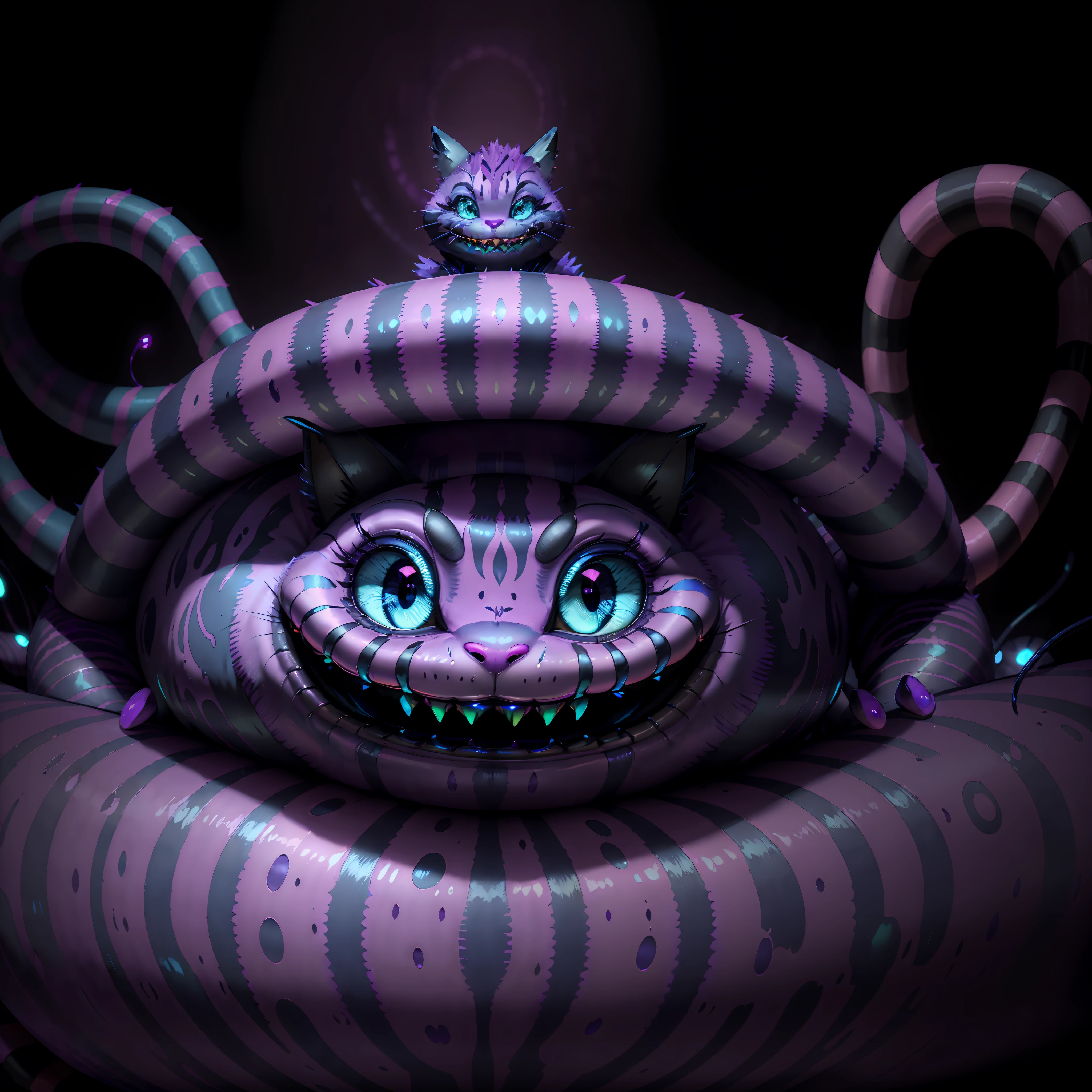 (one cheshire cat:1.3), (wonderful:1.05), (mutant:1.1), (wide mouth), (Brightly-Blue eyes), glowing neon-purple fur, neon striped tail, mischievous, sinister, (creepy), (abstract dark-coloured background), neon lines on the background, sharp focus, (glowing purple fire on background), (full body), udr, 4k