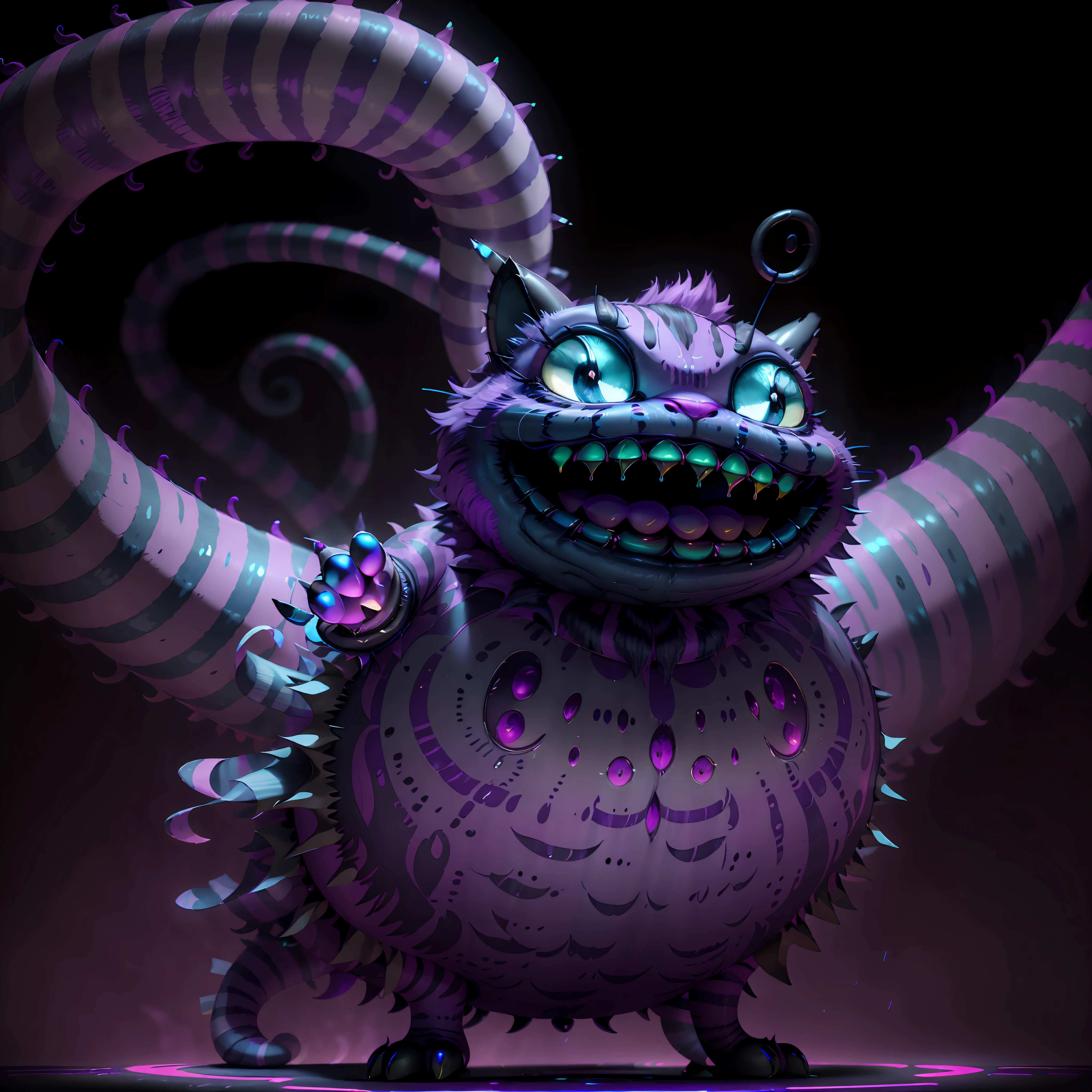 (one cheshire cat:1.3), (wonderful:1.05), (mutant:1.1), (wide mouth), (Brightly-Blue eyes), glowing neon-purple fur, neon striped tail, mischievous, sinister, (creepy), (abstract dark-coloured background), neon lines on the background, sharp focus, (glowing purple fire on background), (full body), udr, 4k