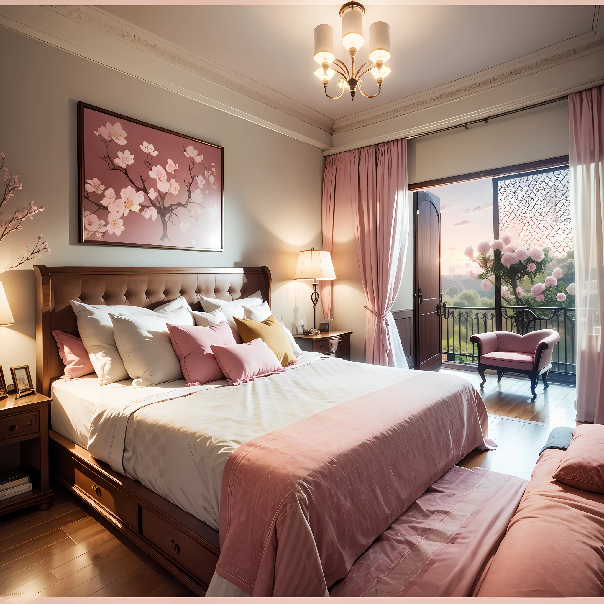 scene,The bedroom is rectangular,interior on the walls paper wallpaper with a pattern of flowers in pink pastel colors,In the middle is a large double bed in a wood-carved mahogany backrest with an intricate pattern,on the side of the bed on both sides of the mahogany bedside table with yellow floor lampshades. The light from the window is diffused,High Resolution,Clear focus,Style Natural Life. --auto --s2
