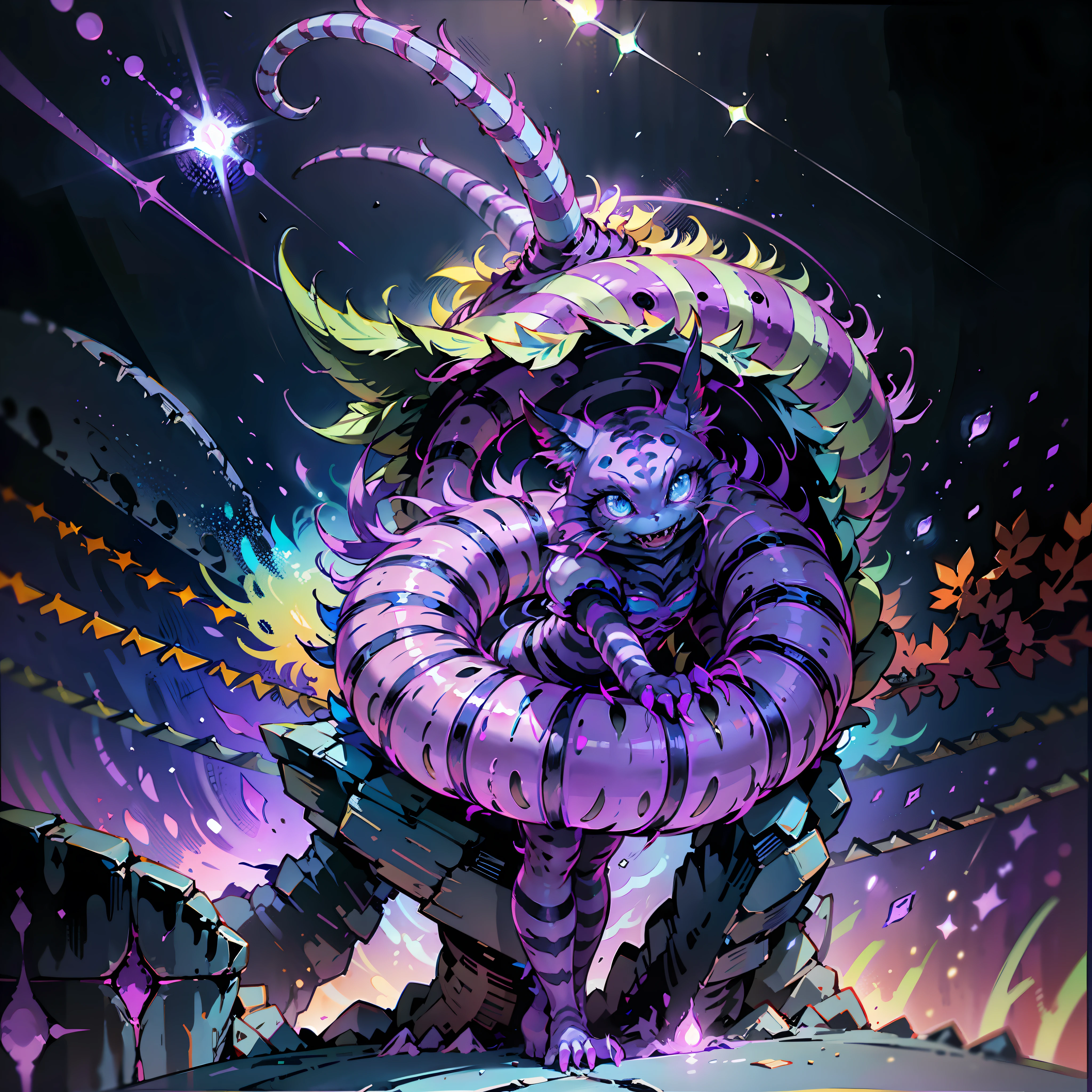 (one cheshire cat:1.3), (wonderful:1.05), (mutant:1.1), (wide mouth), (Brightly-Blue eyes), glowing neon-purple fur, neon striped tail, mischievous, sinister, (creepy), (abstract dark-coloured background), neon lines on the background, sharp focus, (glowing purple fire on background), (full body), udr, 4k