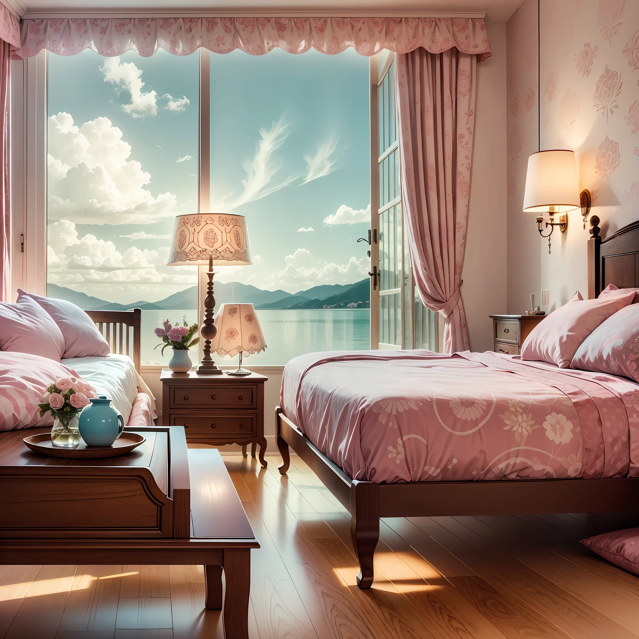 scene,The bedroom is rectangular,interior on the walls paper wallpaper with a pattern of flowers in pink pastel colors,In the middle is a large double bed in a wood-carved mahogany backrest with an intricate pattern,on the side of the bed on both sides of the mahogany bedside table with yellow floor lampshades. The light from the window is diffused,High Resolution,Clear focus,Style Natural Life. --auto --s2