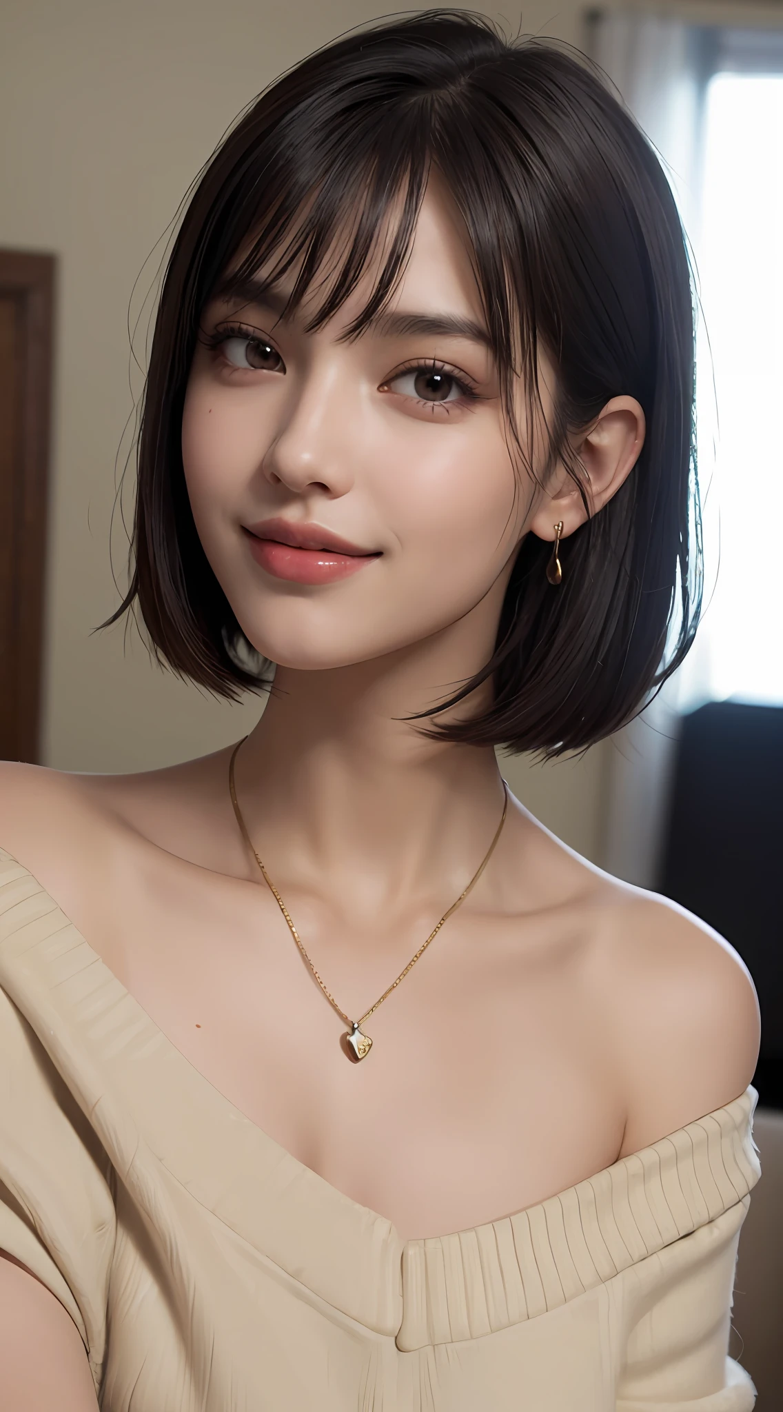 (top quality, 8k, masterpiece: 1.3), pretty woman with perfect figure: 1.4, dark brown hair, big, wearing pendants, torn shorts, sleeping in bedroom, very detailed face and skin, detailed eyes, double eyelids, top quality, masterpiece, (photorealistic: 1.4), one woman, golden ratio, high angle shot, upper eye care, low angle shot, perfect face, beautiful figure, cute face, face close-up, zoom in on face, short bob, short hair, smile from different angles, smile, gloss, highlight, gloss, glossy on skin, glossy on skin, wet skin, wet, bangs, cute smile, bust, off-shoulder, refreshing charm, elegant, perfect hands, smile from angle, smile, shiny, highlight, glossy skin, bangs, bust, big, Warm off-shoulder, refreshing charm, ears out, gaze to the camera, poses at different angles