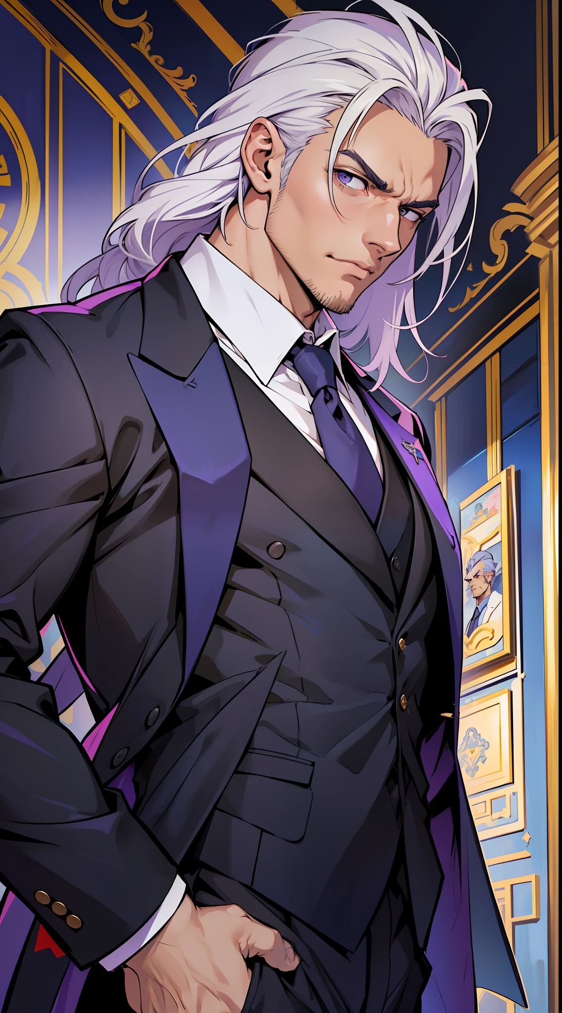 (uma obra-prima, a melhor qualidade, imagem ultra-detalhada), homem charmoso, cabelos longos e violeta, traje elegante e formal, serious and determined expression, contexto de anime intensificado.