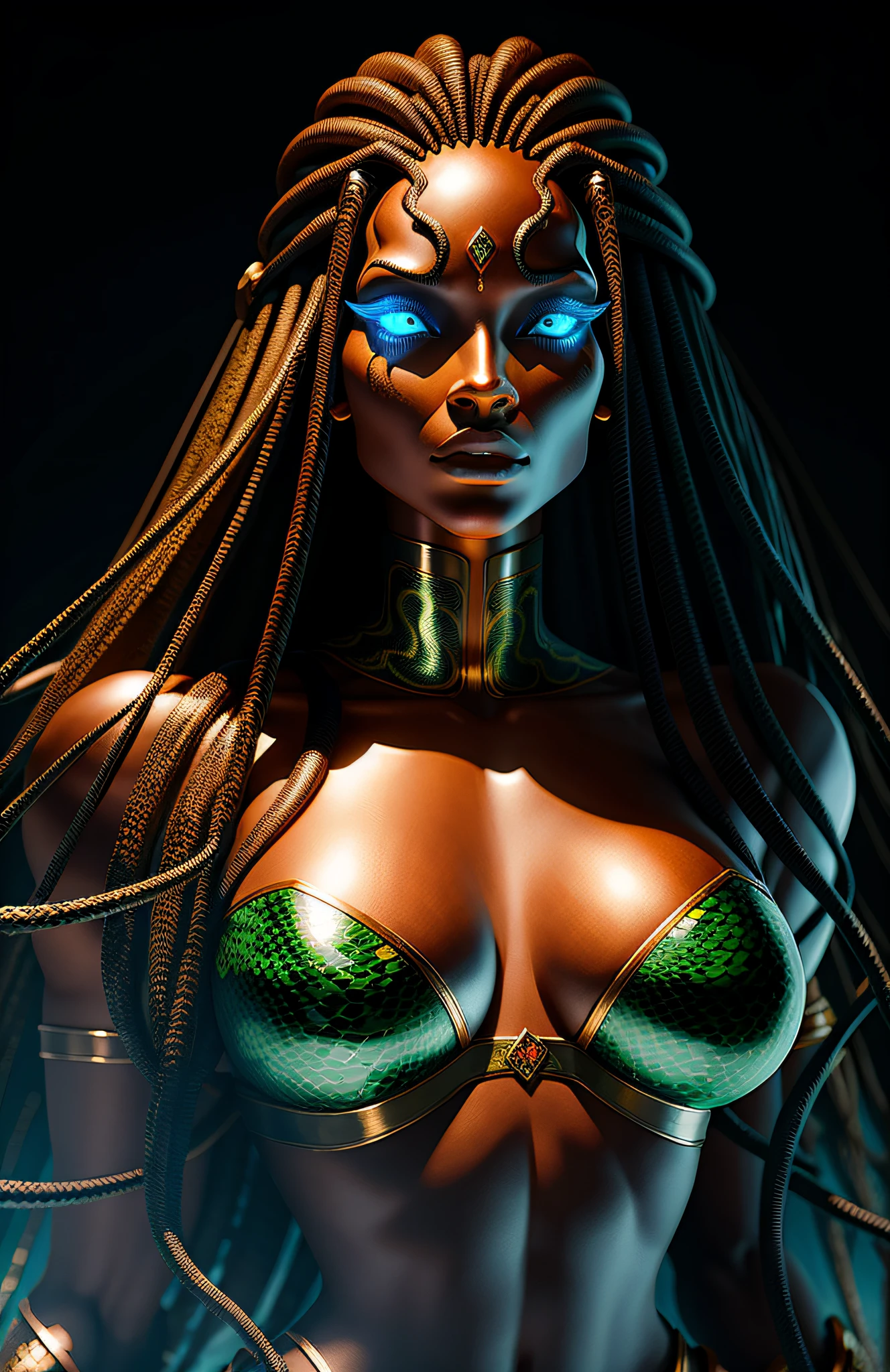 Mulher negra, cabelo composto por cobras medusa, rosto de medusa em close, o corpo do monstro da cobra, o rosto humano e parte superior do corpo, The hair is made up of numerous small snakes, olhos verdes, rosto feminino, tampos de escultura de metal olhos castanhos, tampos de escultura de metal, focus sharp, muito detalhado, illustration, digital render, profissional, 4k