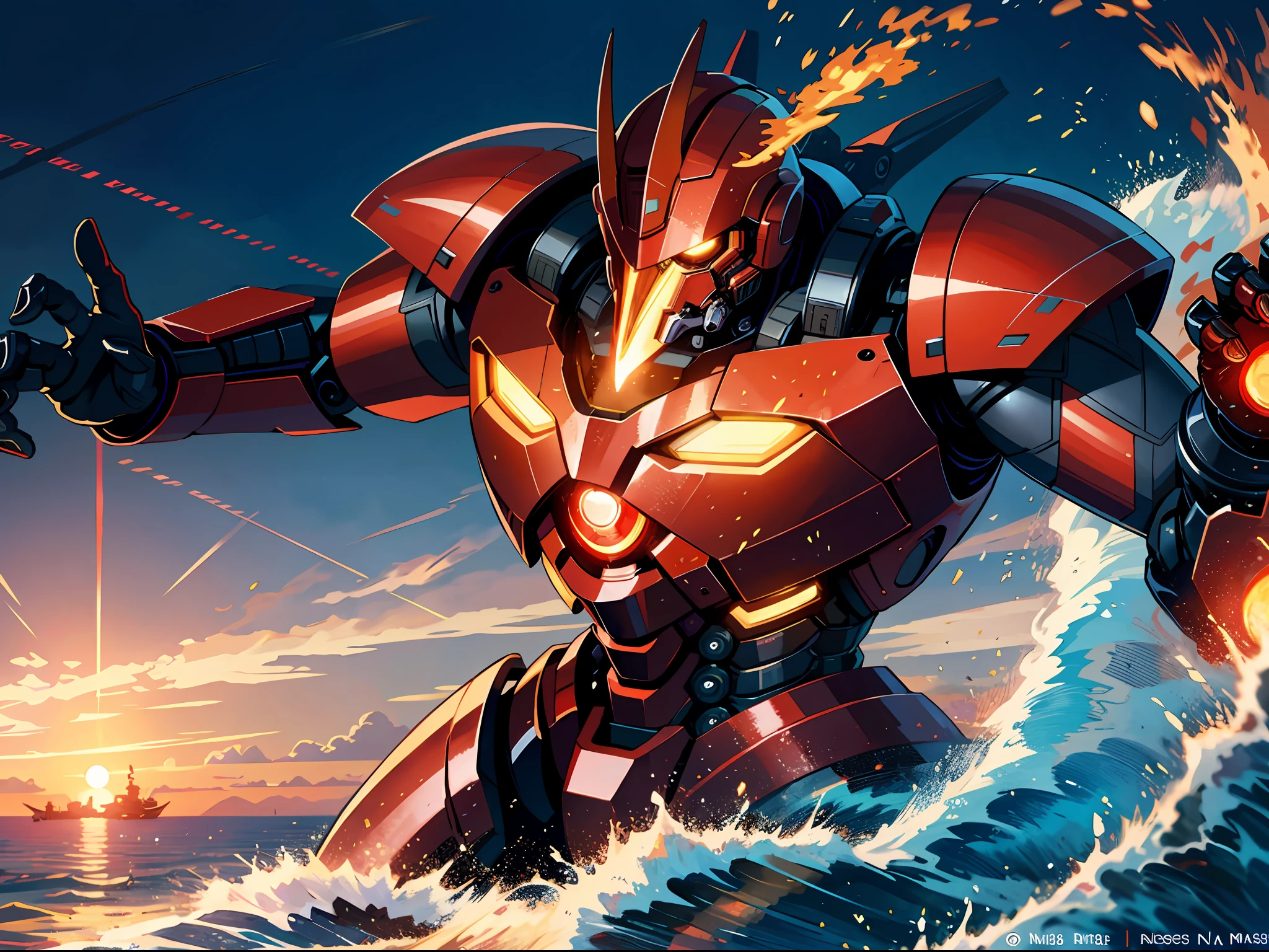 High resolution, highest quality, illustrations, super detail, a mighty and domineering red giant mech, Pacific Rim,
