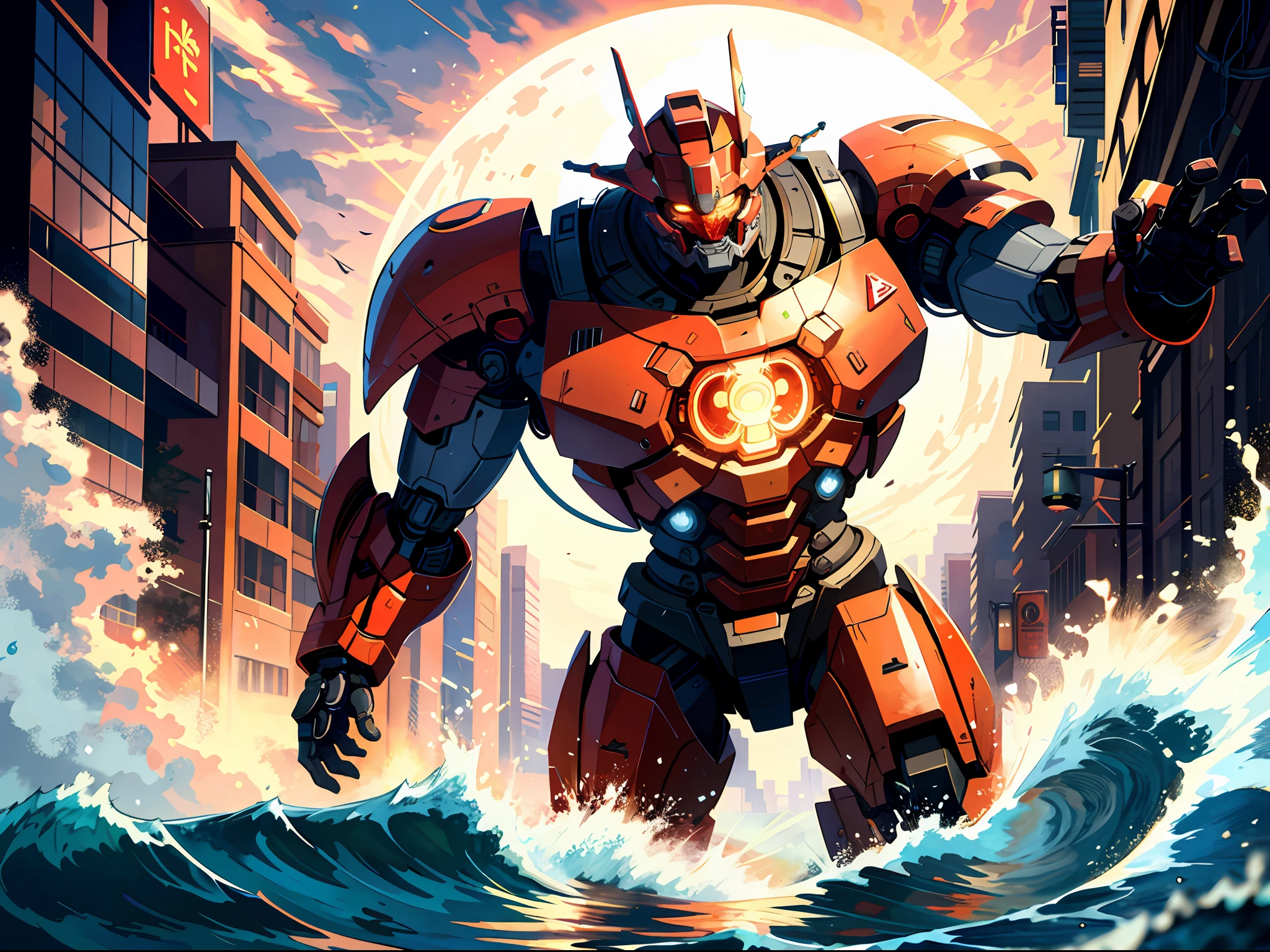 High resolution, highest quality, illustrations, super detail, a mighty and domineering red giant mech, Pacific Rim,