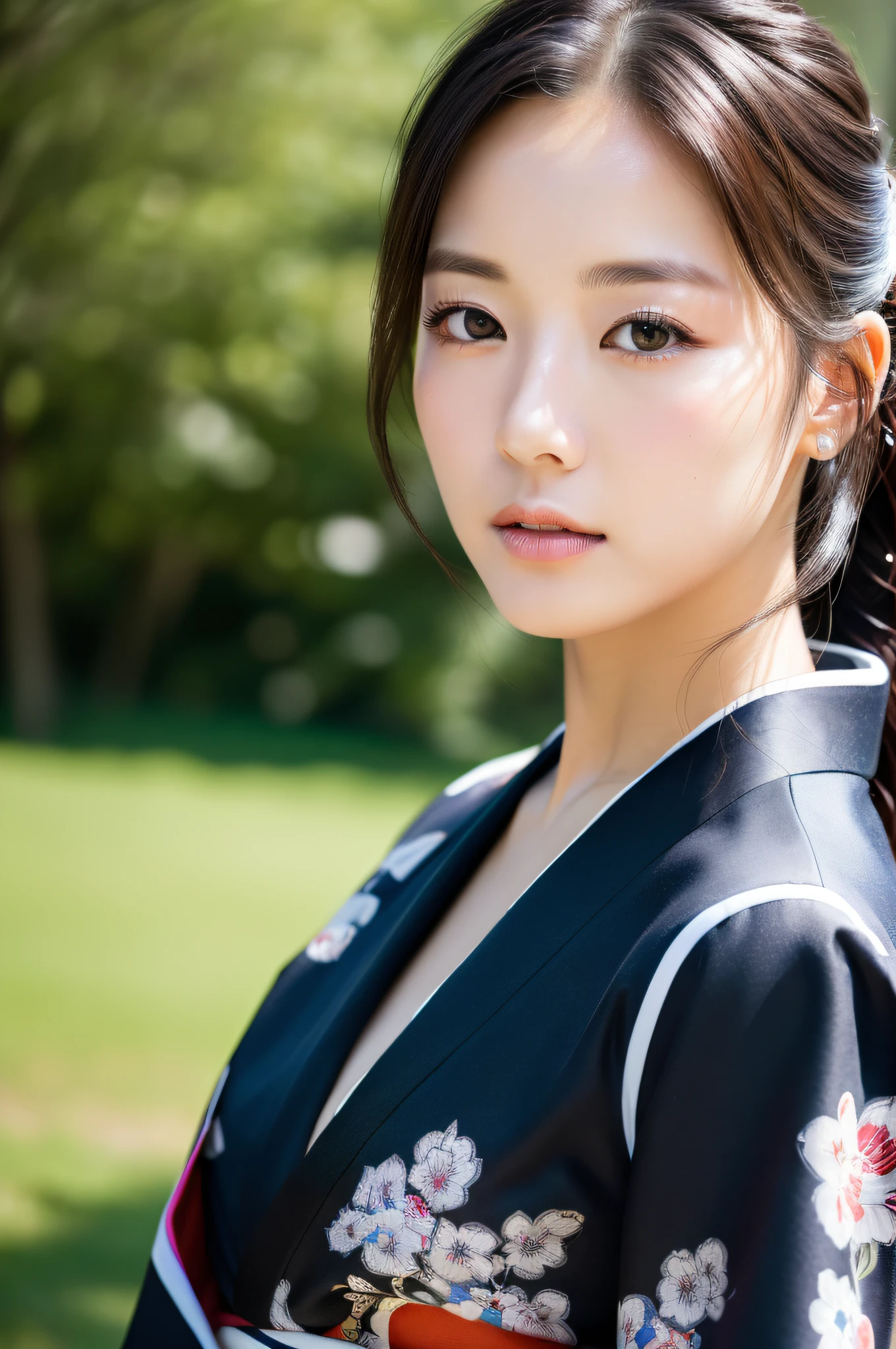 ((Top Quality, 8K, Masterpiece: 1.3)), Sharp Focus: 1.2, (Super Beautiful Face: 1.0), Realistic Photo, (Shiny Skin: 1.2), Realistic Photo, Black Hair, Realistic Pupil, Movie Lighting, Highly Detailed Eyes and Face, medium breasts, in nature, traditional kimono, cowboy shot