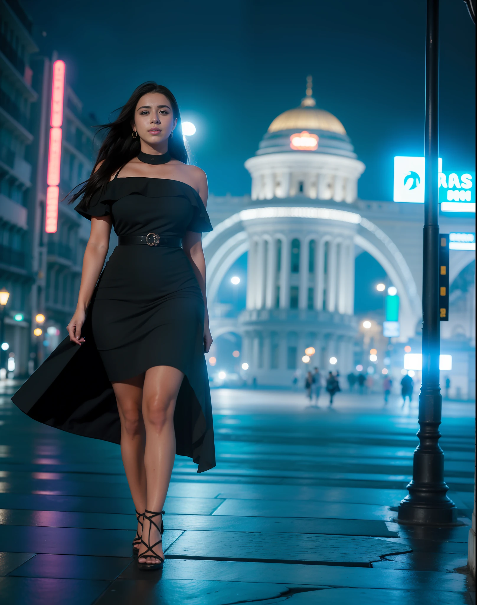 "(((obra maestra)), la mejor calidad, Sensual quiseañera dress, happy and elegant Lauren Jauregui strolling through a city at night neon lighting, plano amplio, bridge of Paris Italy , luz dorada, sombras suaves."