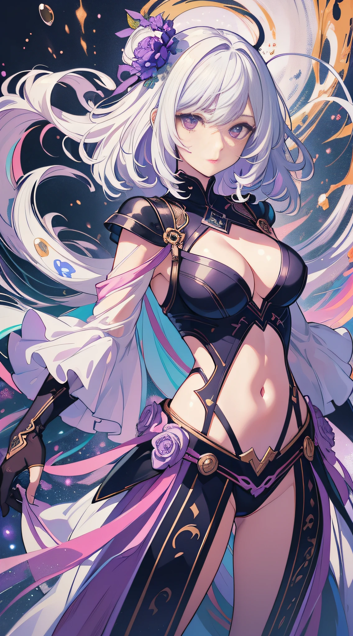 (masterpiece:1.2, best quality), (finely detailed beautiful eyes: 1.2), (extremely detailed CG unity 8k wallpaper, masterpiece, best quality, ultra-detailed, best shadow), (detailed background), (beautiful detailed face, beautiful detailed eyes), High contrast, (best illumination, an extremely delicate and beautiful),1girl,((colourful paint splashes on transparent background, dulux,)), dynamic angle,beautiful detailed glow,full body, cowboy shot, white hair, purple eyes,