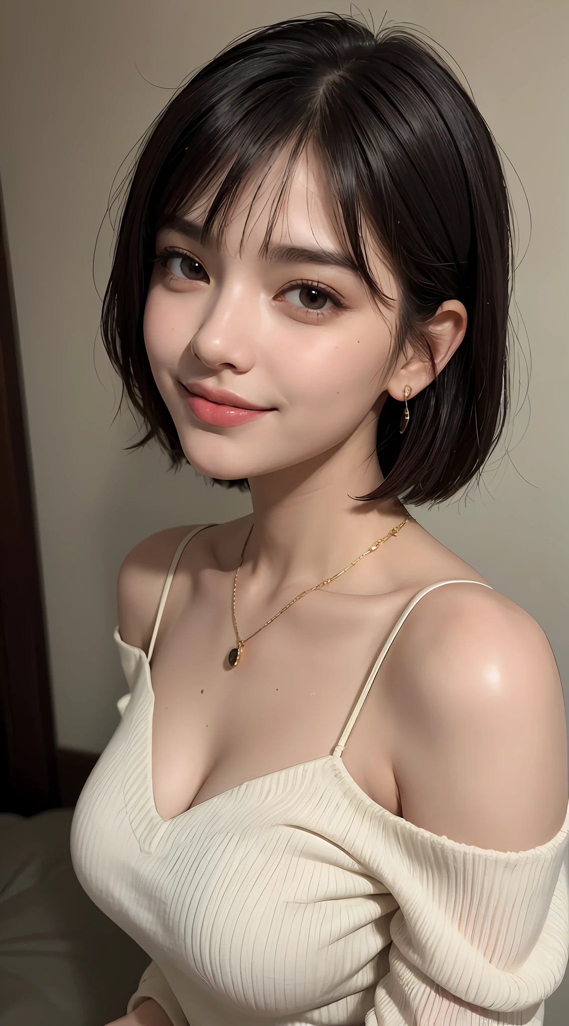 (top quality, 8k, masterpiece: 1.3), pretty woman with perfect figure: 1.4, dark brown hair, big, wearing pendants, torn shorts, sleeping in bedroom, very detailed face and skin, detailed eyes, double eyelids, top quality, masterpiece, (photorealistic: 1.4), one woman, golden ratio, high angle shot, upper eye care, low angle shot, perfect face, beautiful figure, cute face, face close-up, zoom in on face, short bob, short hair, smile from different angles, smile, gloss, highlight, gloss, glossy on skin, glossy on skin, wet skin, wet, bangs, cute smile, bust, off-shoulder, refreshing charm, elegant, perfect hands, smile from angle, smile, shiny, highlight, glossy skin, bangs, bust, big, Warm off-shoulder, refreshing charm, ears out, gaze to the camera, poses at different angles