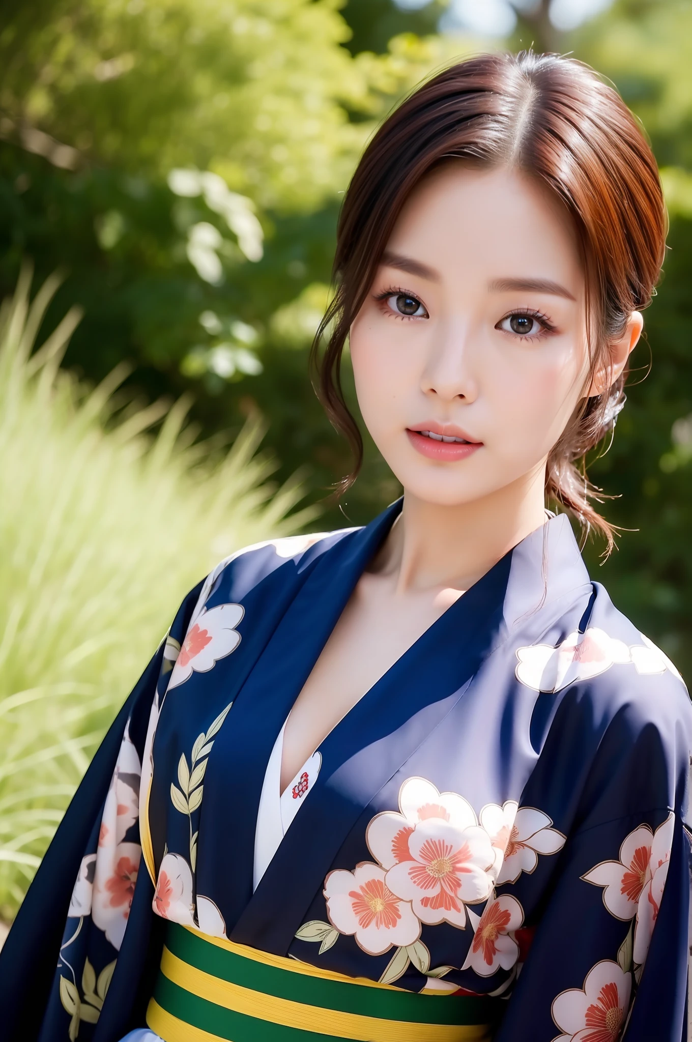 ((Top Quality, 8K, Masterpiece: 1.3)), Sharp Focus: 1.2, (Super Beautiful Face: 1.0), (Slender Abs Beauty: 1.0), (Shiny Skin: 1.0), Realistic Photography, Black Hair, Realistic Pupils, Video Lighting, High Definition Eyes and Face, Video Lighting, (Cowboy Shot: 1.3), kimono, hakama, obi, (Korean Cute Actress), in nature, traditional kimono