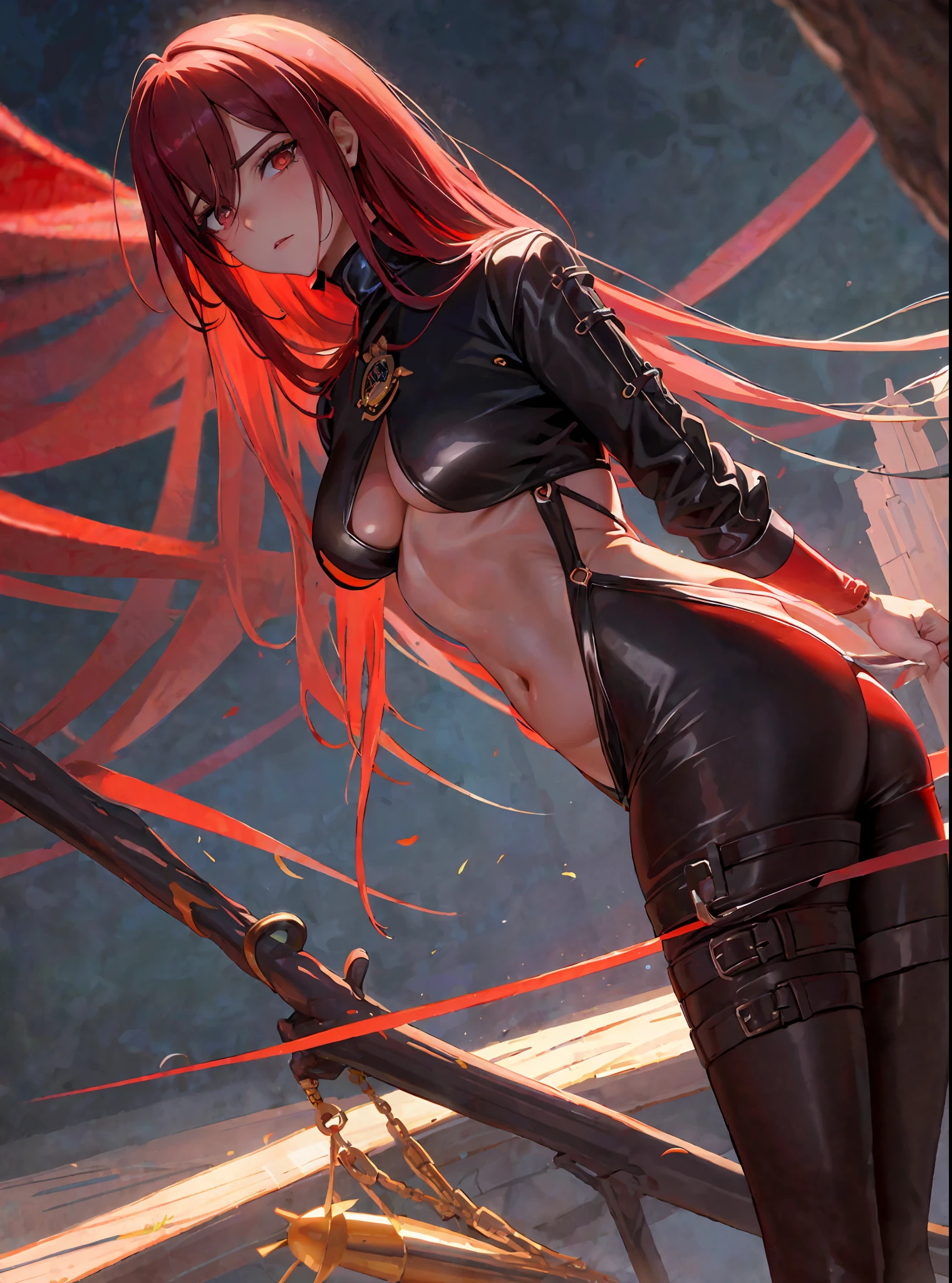 (obra maestra, mejor calidad) una mujer adulta, cabello rojo muy largo, (flamas negras), ((villana)), escote, ((bosque oscuro)), noche, cintas negras, cuero rojo, lazos negros, (((bodysuit))), (((White bodysuit))), reina, buena anatomia, proporciones correctas, (((villana))), ropa rasgada, reina, ojos amarillos, seria, apariencia misteriosa, sangre, sin emociones, flequillo recto, pelo muy largo rojo, malvada, (ojos amarillos), gotica, pecho mediano, cineamtic, oil painting color, solo, Cinematic lighting, cara extremadamente detallada, cara finamente detallada, cara hermosa, ojos hermosos, Perfect lighting, profundidad de campo, proporciones realistas, good anatomy