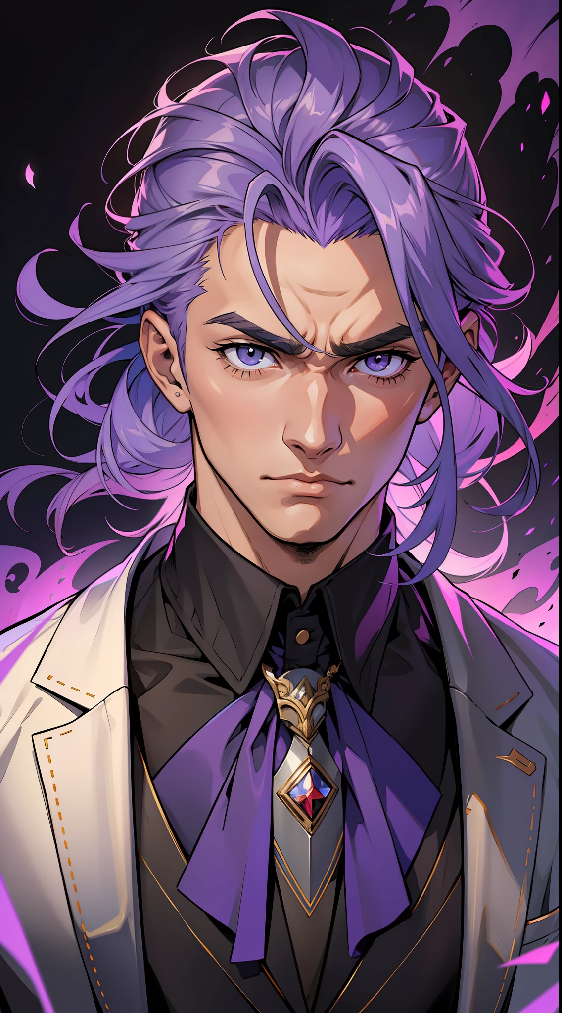 (uma obra-prima, a melhor qualidade, imagem ultra-detalhada), homem charmoso, cabelos longos roxo, traje elegante e formal, serious and determined expression, contexto de anime intensificado.