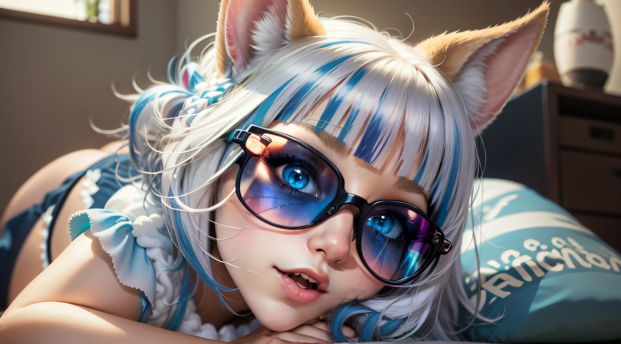orelha de gato, dentes de tubarao, cabelo azul, olhos realistas, sentada na cama, maos abaixo do travesseiro, rosto definido, corpo ultrarrealista, sunglasses