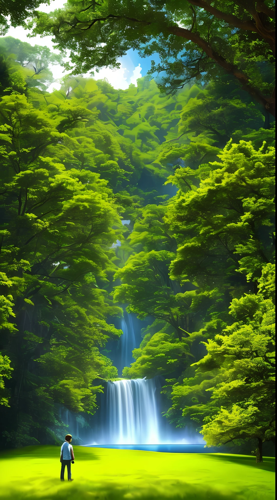 Generate an image that represents the balance of man in the environment. With top quality and incredibly detailed, in 8k UHD resolution. Use a scene with vibrant colors of nature as a background, with details of trees, flowers and animals. In the center of the image, insert a human being in a balanced pose, surrounded by nature. Add realistic shadows and lighting, so the scene feels natural and immersive.