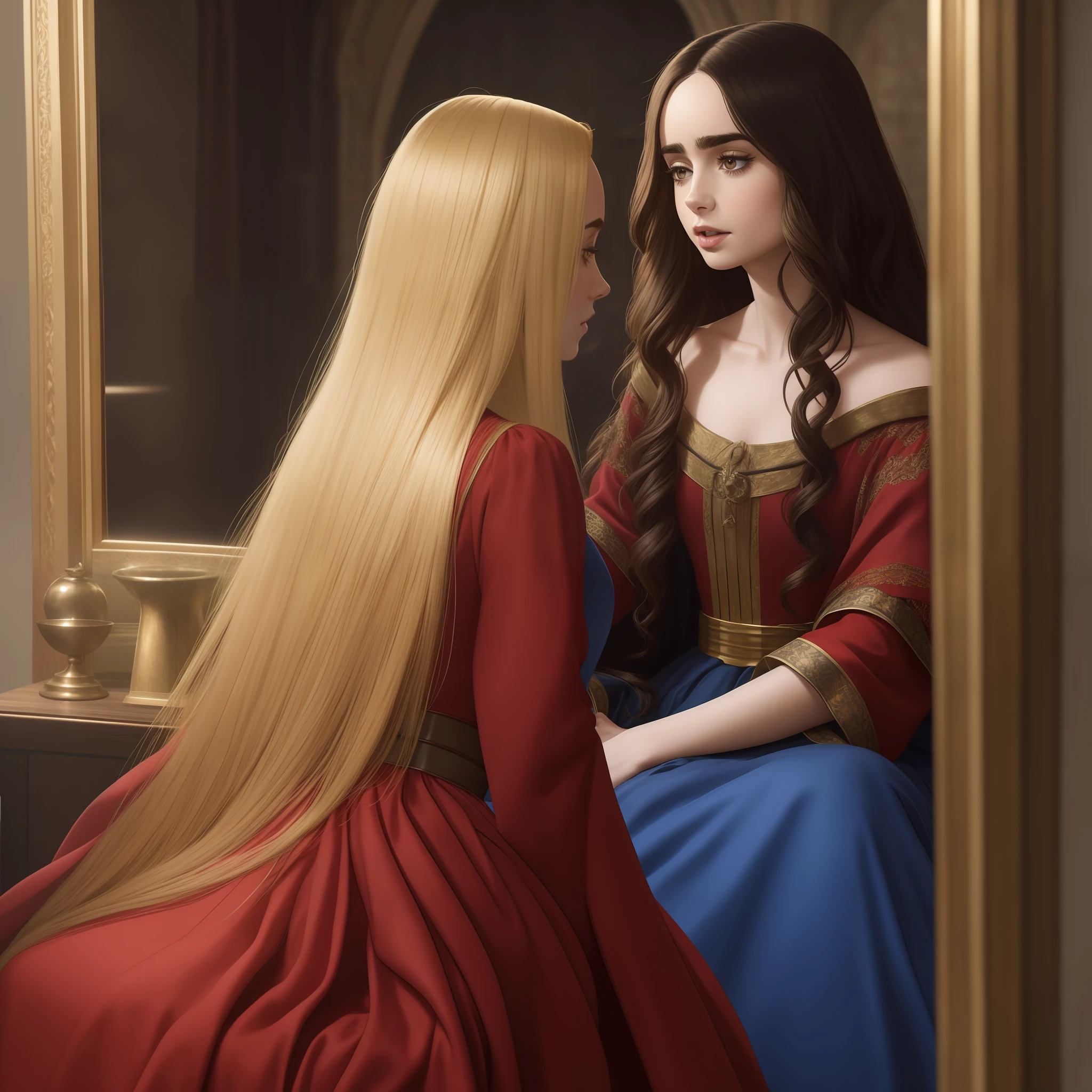 Lily Collins who has long black curly hair, wearing a simple red dress of a medieval commoner, combing the hair of Lupita who has blonde, straight hair and brown eyes and is wearing a dazzling blue dress of a medieval princess sitting in front of a mirror