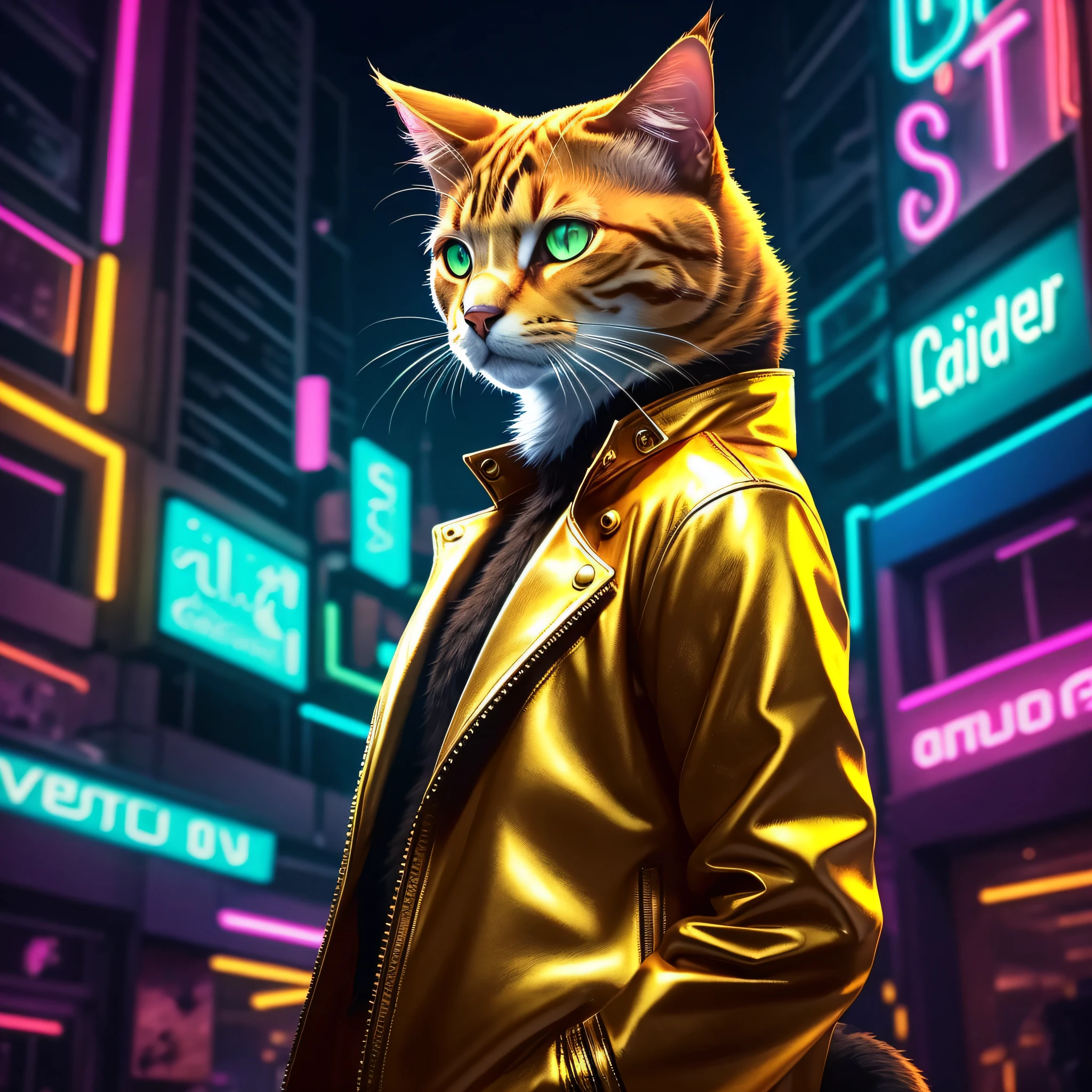 A cat wearing a golden leather jacket, looking at the camera, with colorful neon lighting over the environment --auto --s2
