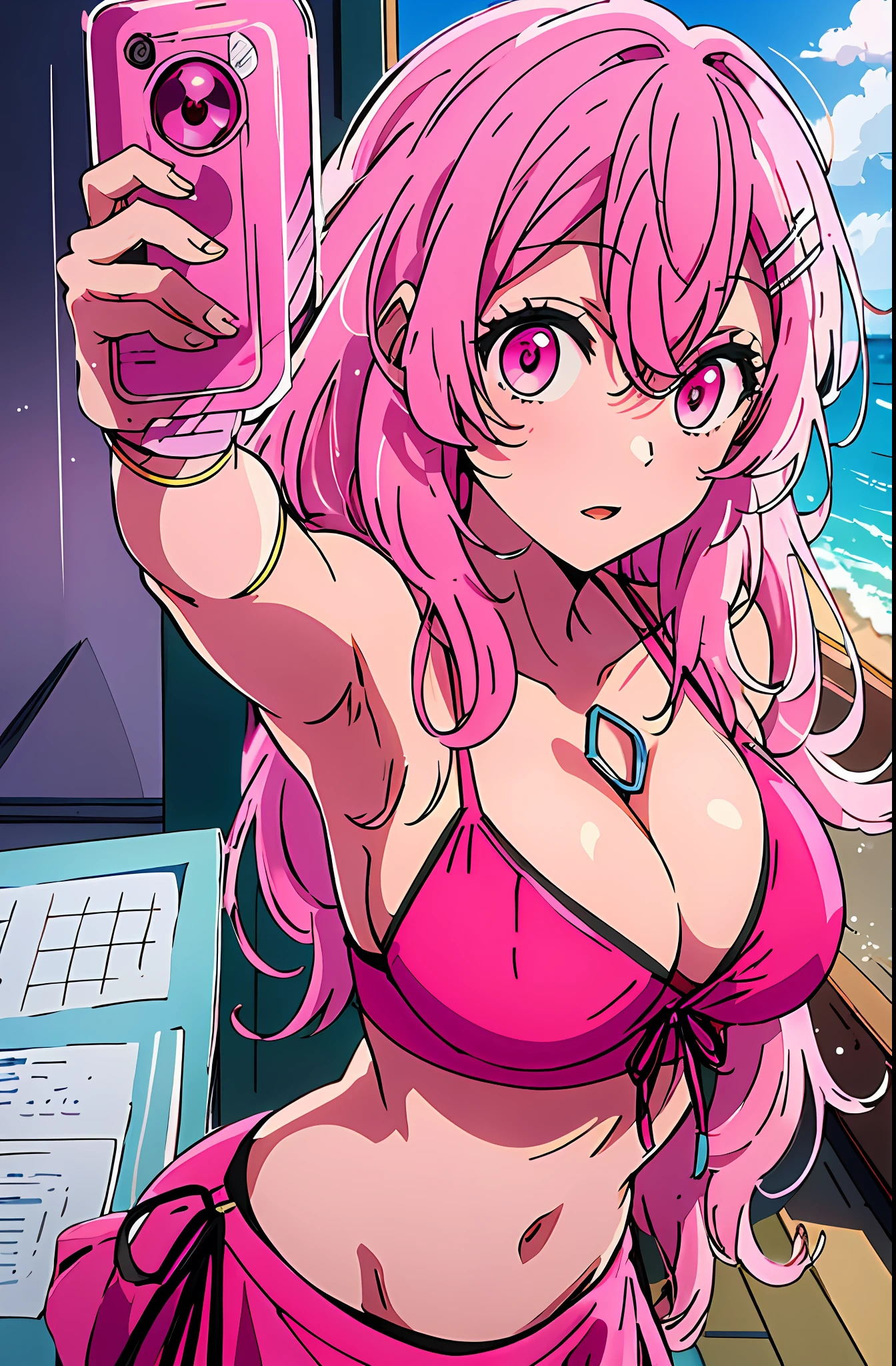 MinamiKotobuki\(oshinoko\), 1girl, solo, large_breasts,
portrait,hair_ornament,bikini,beach, selfie, pink hair, pink eyes