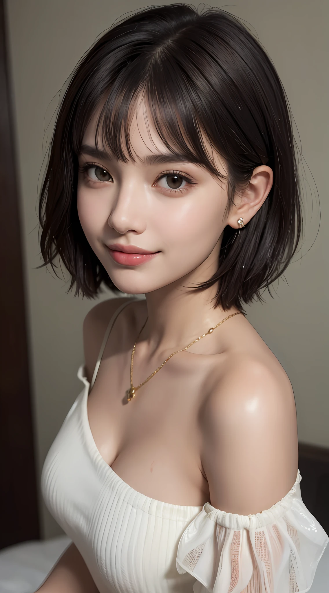 (top quality, 8k, masterpiece: 1.3), pretty woman with perfect figure: 1.4, dark brown hair, big, wearing pendants, torn shorts, sleeping in bedroom, very detailed face and skin, detailed eyes, double eyelids, top quality, masterpiece, (photorealistic: 1.4), one woman, golden ratio, high angle shot, upper eye care, low angle shot, perfect face, beautiful figure, cute face, face close-up, zoom in on face, short bob, short hair, smile from different angles, smile, gloss, highlight, gloss, glossy on skin, glossy on skin, wet skin, wet, bangs, cute smile, bust, off-shoulder, refreshing charm, elegant, perfect hands, smile from angle, smile, shiny, highlight, glossy skin, bangs, bust, big, Warm off-shoulder, refreshing charm, ears out, gaze to the camera, poses at different angles
