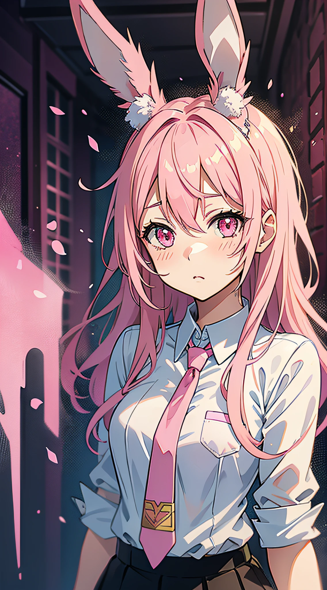 Anime girl with pink hair and bunny ears in pink tie, pink eyes, shy blush
