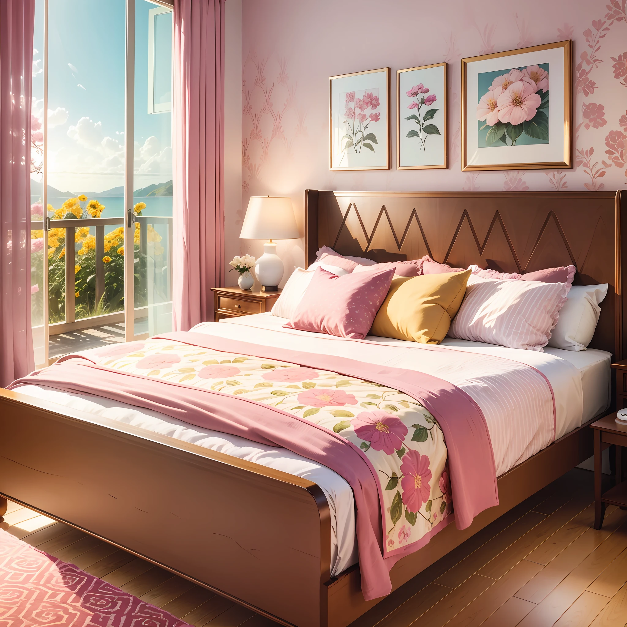 scene,The bedroom is rectangular,interior on the walls paper wallpaper with a pattern of flowers in pink pastel colors,In the middle is a large double bed in a wood-carved mahogany backrest with an intricate pattern,on the side of the bed on both sides of the mahogany bedside table with yellow floor lampshades. The light from the window is diffused,High Resolution,Clear focus,Style Natural Life. --auto --s2