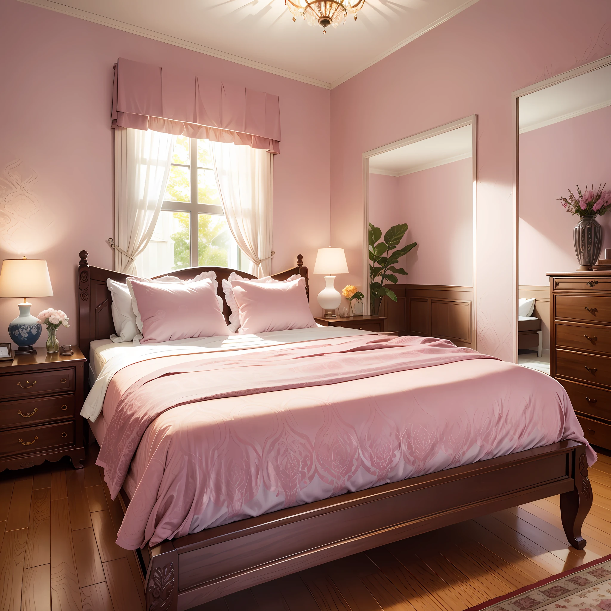 scene,The bedroom is rectangular,interior on the walls paper wallpaper with a pattern of flowers in pink pastel colors,In the middle is a large double bed in a wood-carved mahogany backrest with an intricate pattern,on the side of the bed on both sides of the mahogany bedside table with yellow floor lampshades. The light from the window is diffused,High Resolution,Clear focus,Style Natural Life. --auto --s2