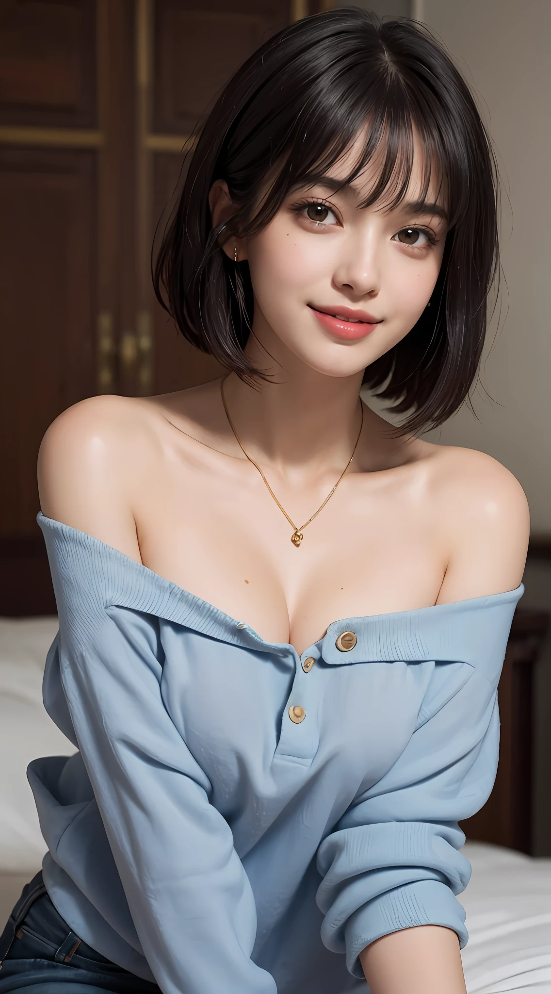 (top quality, 8k, masterpiece: 1.3), pretty woman with perfect figure: 1.4, dark brown hair, big, wearing pendants, torn shorts, sleeping in bedroom, very detailed face and skin, detailed eyes, double eyelids, top quality, masterpiece, (photorealistic: 1.4), one woman, golden ratio, high angle shot, upper eye care, low angle shot, perfect face, beautiful figure, cute face, face close-up, zoom in on face, short bob, short hair, smile from different angles, smile, gloss, highlight, gloss, glossy on skin, glossy on skin, wet skin, wet, bangs, cute smile, bust, off-shoulder, refreshing charm, elegant, perfect hands, smile from angle, smile, shiny, highlight, glossy skin, bangs, bust, big, Warm off-shoulder, refreshing charm, ears out, gaze to the camera, poses at different angles