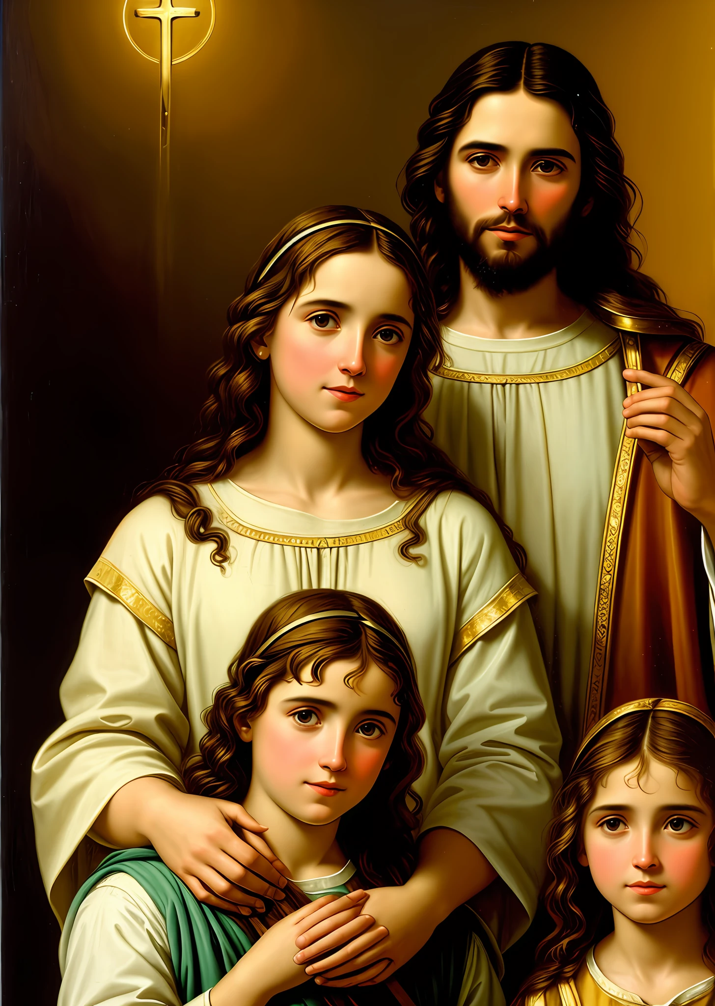 (A virgem Maria com o menino Jesus no colo), High quality oil on canvas, realistic lighting, cores vibrantes, texturas detalhadas, Classic biblical style, fundo suave desfocado, faithful representation of the two figures down to the smallest detail.