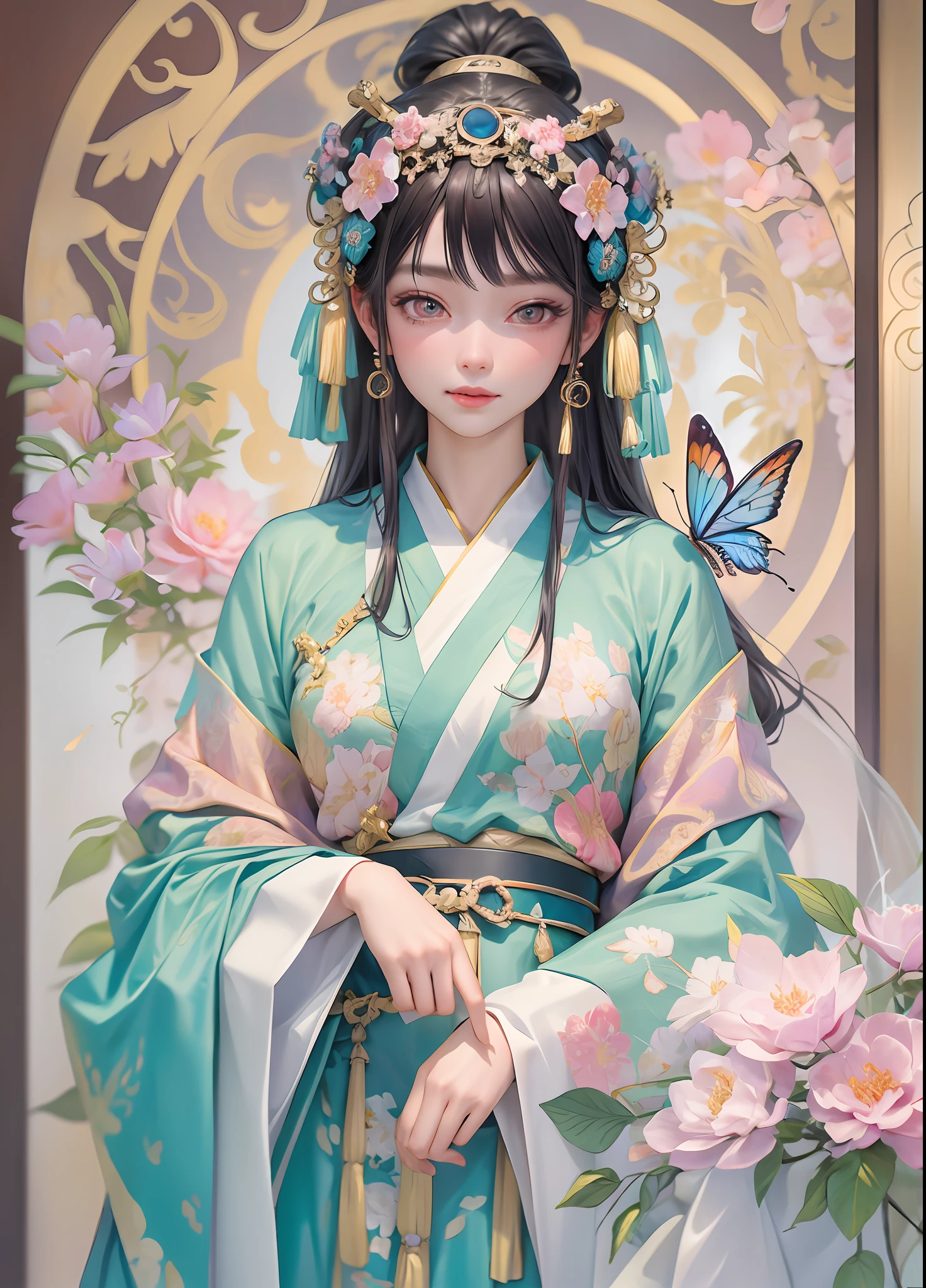 a masterpiece,Bestquality,Official Art,8kwallpaper,RAWExtremely detailed,illustartion,1girle,black hair,Hanfu,ancient Chinese architecture,colobutterfly,Blossom,hair ornament