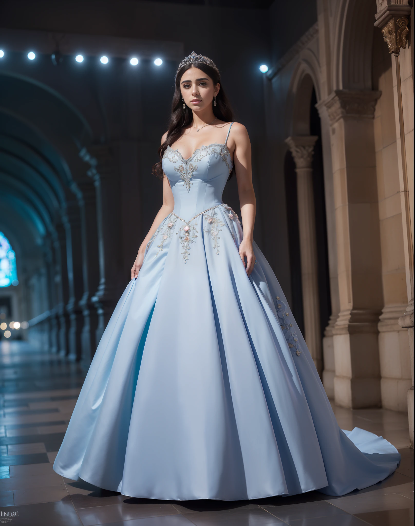 "(((obra maestra)), la mejor calidad,a dress on a mannequin mannequin mannequin mannequin mannequin mannequin mannequin mannequin, brilliant pink ball gown, romantic dress, romantic gown, dressed beautiful gown, beautiful gown, ornate royal gown, pastel blue, beautiful wedding dress, magical dress, light blue, light blue colors, extravagant dress, royal dress, feminine girly dress, fairytale style, fantasy dress, luxury dress , happy and elegant Lauren Jauregui strolling through a city at night neon lighting, plano amplio, bridge of Paris Italy , luz dorada, sombras suaves."