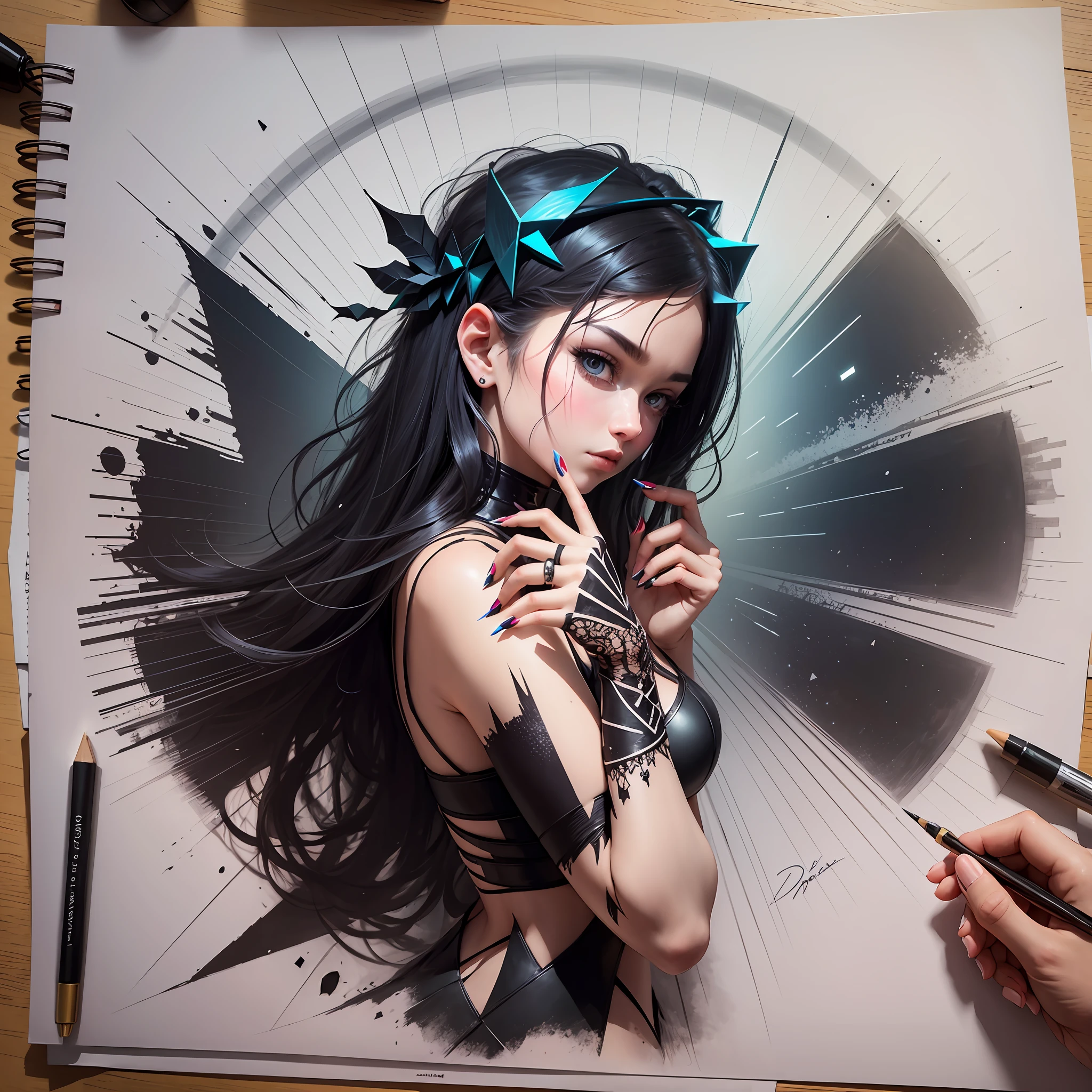 Dark drawing on one hand with sharp geometric shapes --auto --s2