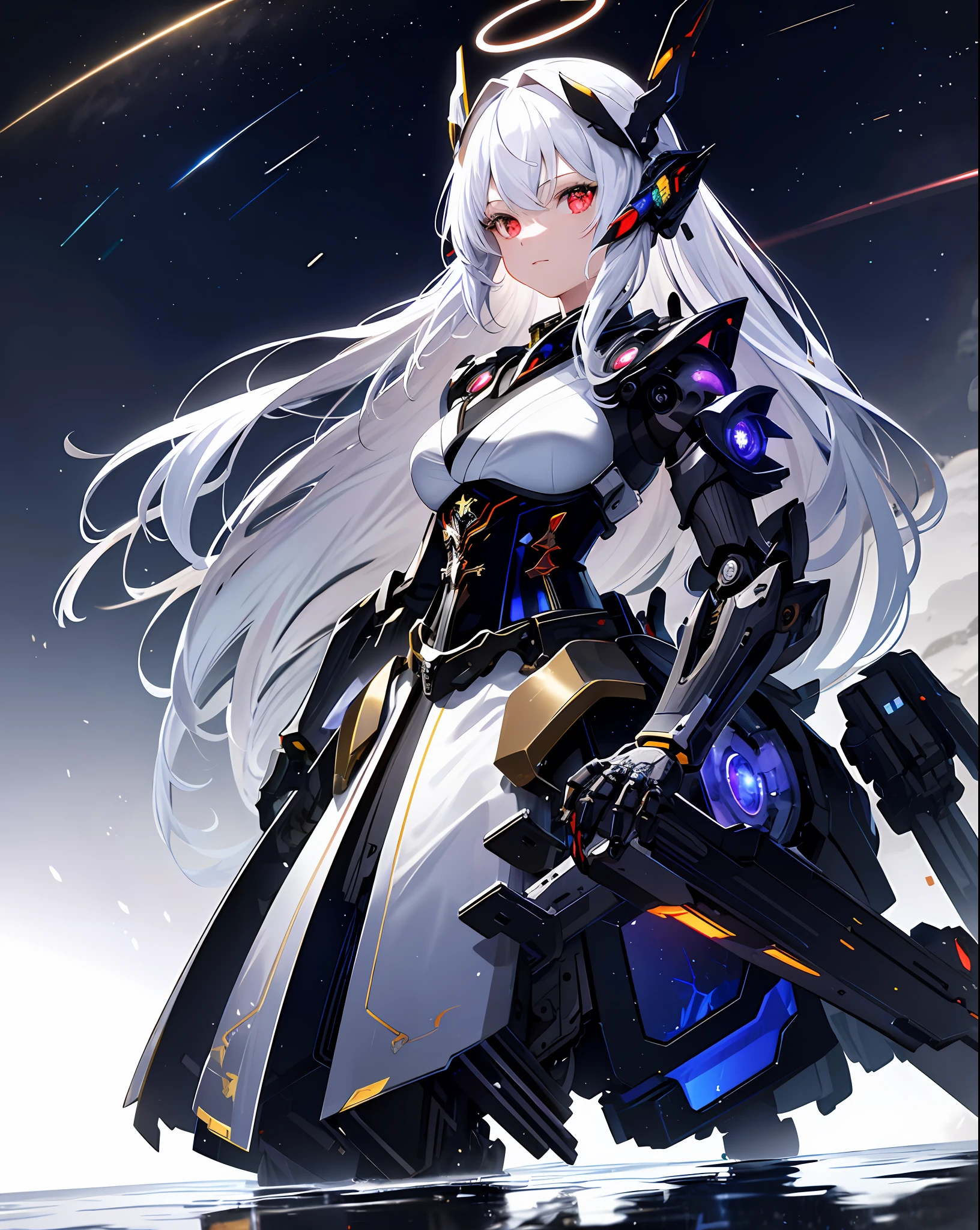 masterpiece,best quality,ultra-detailed,very detailed illustrations,extremely detailed,intricate details,highres,super complex details,extremely detailed 8k cg wallpaper,cowboy shot, caustics,reflection,ray tracing,demontheme,nebula,dark aura,cyber effect, (1girl:1.4),solo,alone,mecha musume,mechanical parts, robot joints,single mechanical arm, headgear, mechanical halo,star halo,intricate mechanical bodysuit, mecha corset, kimono, full armor, very long hair,white hair, hair between eyes, multicolored hair, colored inner hair, red eyes,glowing eye,eye trail, random expressions,random action, ancient japanese architecture,pond, starry sky,skyline,