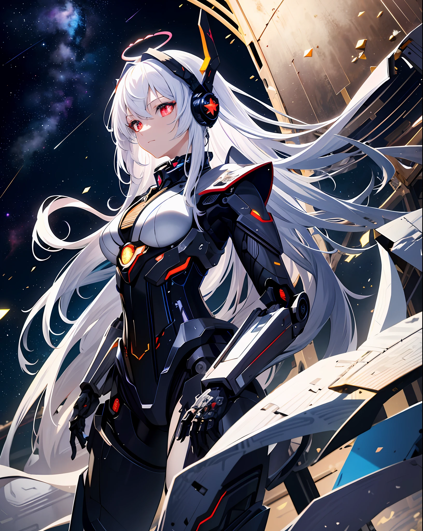 masterpiece,best quality,ultra-detailed,very detailed illustrations,extremely detailed,intricate details,highres,super complex details,extremely detailed 8k cg wallpaper,cowboy shot, caustics,reflection,ray tracing,demontheme,nebula,dark aura,cyber effect, (1girl:1.4),solo,alone,mecha musume,mechanical parts, robot joints,single mechanical arm, headgear, mechanical halo,star halo,intricate mechanical bodysuit, mecha corset, kimono, full armor, very long hair,white hair, hair between eyes, multicolored hair, colored inner hair, red eyes,glowing eye,eye trail, random expressions,random action, ancient japanese architecture,pond, starry sky,skyline,