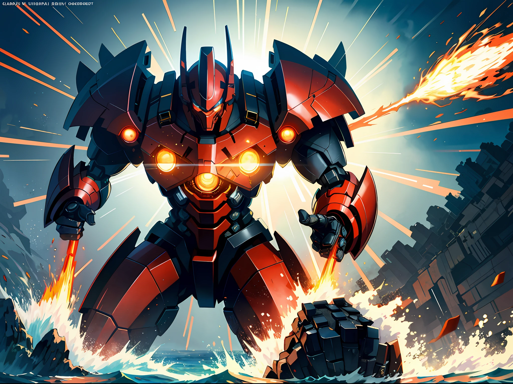 high resolusion,maximum quality,illustartion,Ultra detailed,A mighty and domineering red giant mech,Pacific Rim,One punch to the surface of the sea,Huge blasting effect,