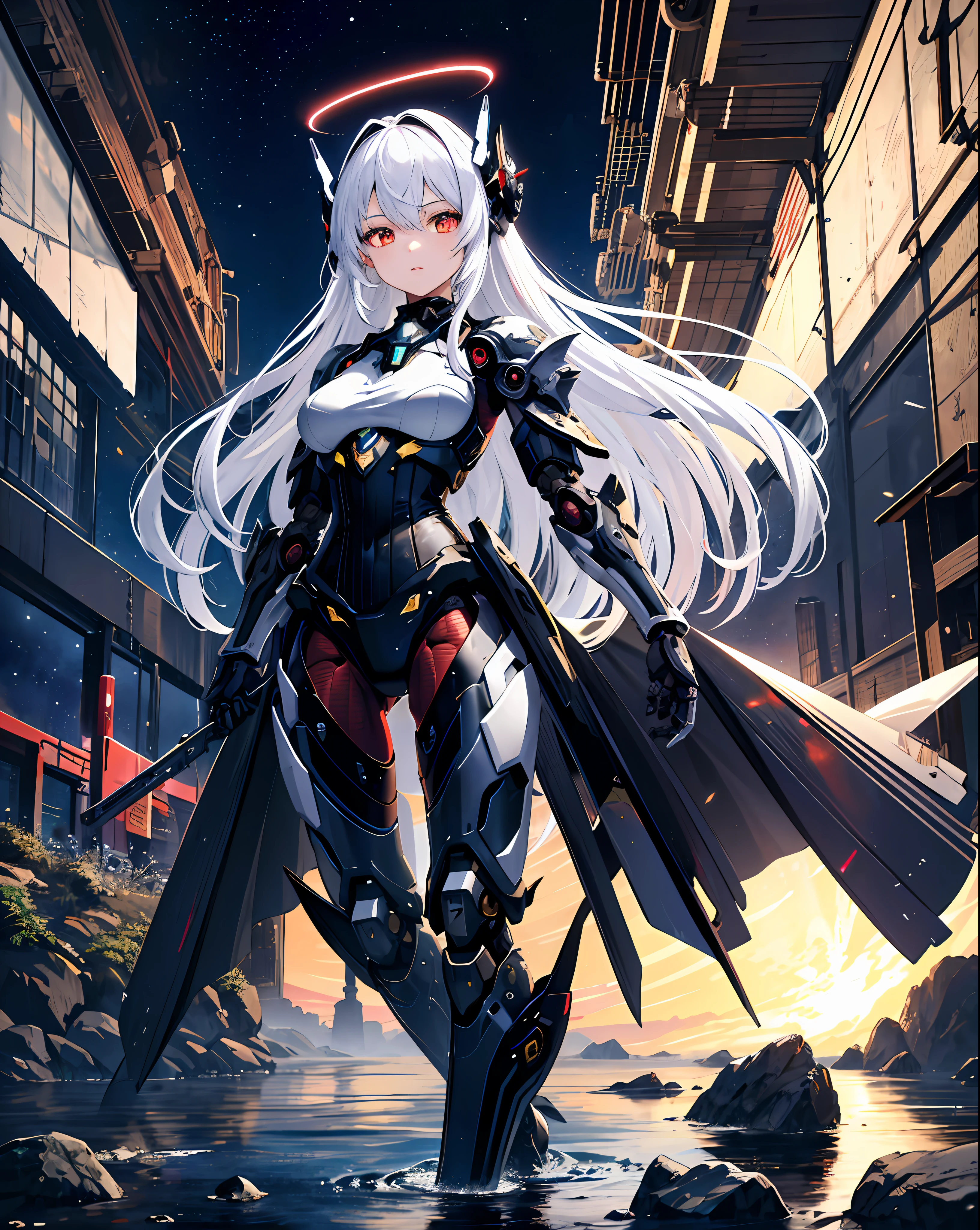 masterpiece,best quality,ultra-detailed,very detailed illustrations,extremely detailed,intricate details,highres,super complex details,extremely detailed 8k cg wallpaper,cowboy shot, caustics,reflection,ray tracing,demontheme,nebula,dark aura,cyber effect, (1girl:1.4),solo,alone,mecha musume,mechanical parts, robot joints,single mechanical arm, headgear, mechanical halo,star halo,intricate mechanical bodysuit, mecha corset, kimono, full armor, very long hair,white hair, hair between eyes, multicolored hair, colored inner hair, red eyes,glowing eye,eye trail, random expressions,random action, ancient japanese architecture,pond, starry sky,skyline,