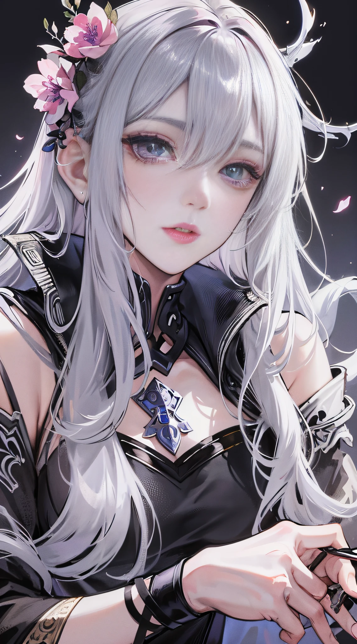 Masterpiece Best Night Full Moon 1 Female Mature Female Elder Sister Yu Sister Cold Face Expressionless Silver White Long Hair Woman Light Pink Lips Calm Intellectual Three Bands Gray Eyes Assassin Short Knife, Flowers, Hand Details, Finger Details,