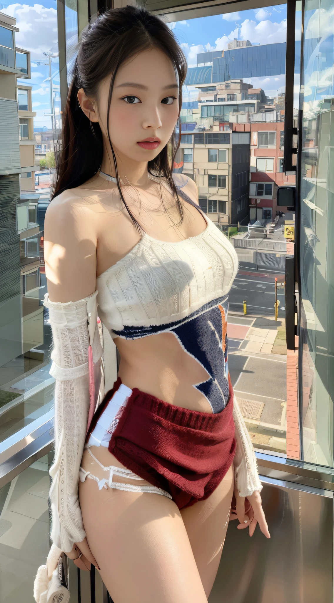 (1girl:1.3), solo, _ Kim Ji-ni Jennie face, wearing red armband sweater, cropped style, white bandeau underwear, shorts, sexy, cute, white socks, full body photo, looking at the audience, world-weary face, cold eyes, Korean style photo photos, photographic lighting, strong contrast, sunlight on the face, world-weary face, high-end sense, 8k resolution image, intricate symmetrical details. Smooth action, full picture.