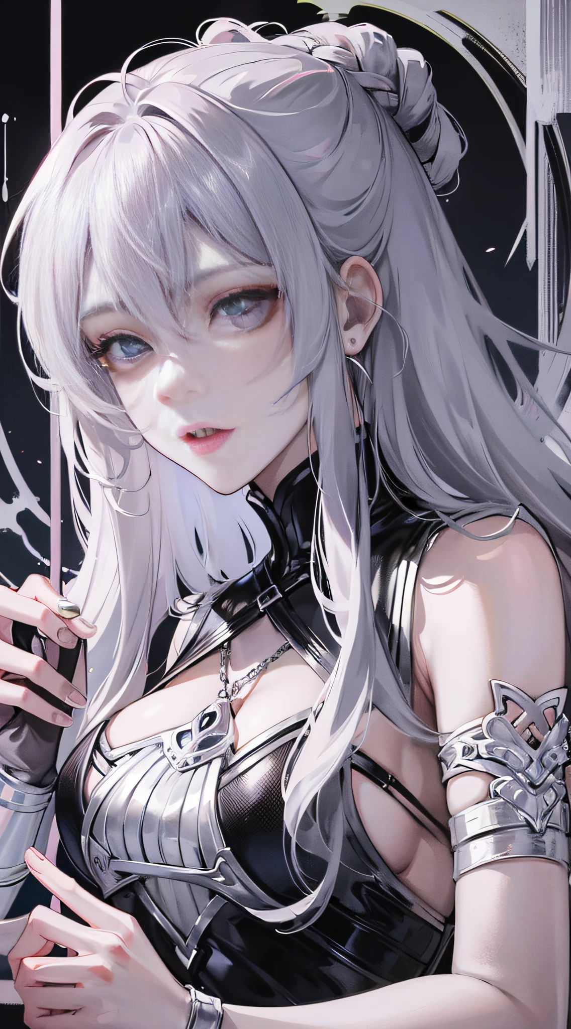 Masterpiece Best Night Full Moon 1 Female Mature Female Elder Sister Yu Sister Cold Face Expressionless Silver White Long Hair Woman Light Pink Lips Calm Intellectual Three Bands Gray Eyes Assassin Short Knife, Flowers, Hand Details, Finger Details,