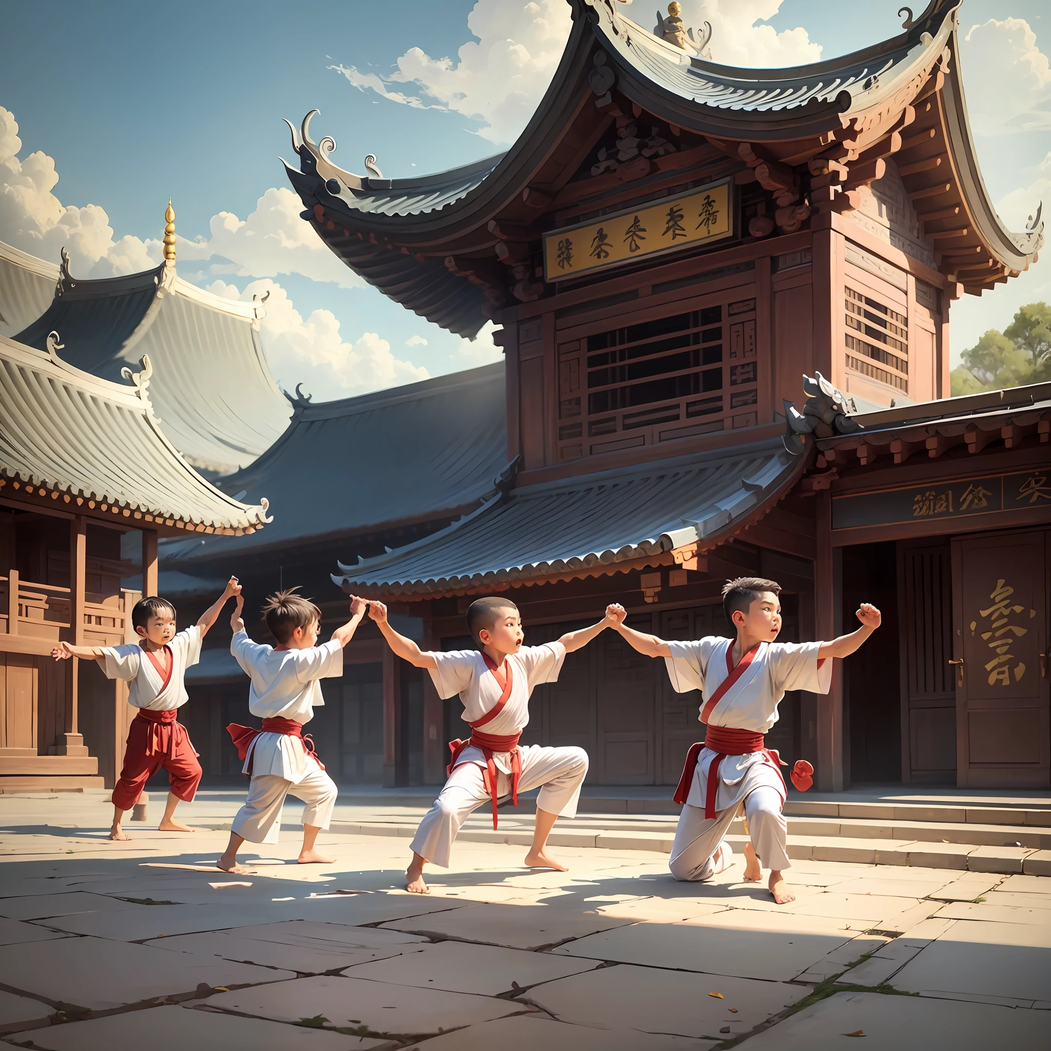 A group of cute little boys and masters practice kung fu in front of the temple --auto --s2