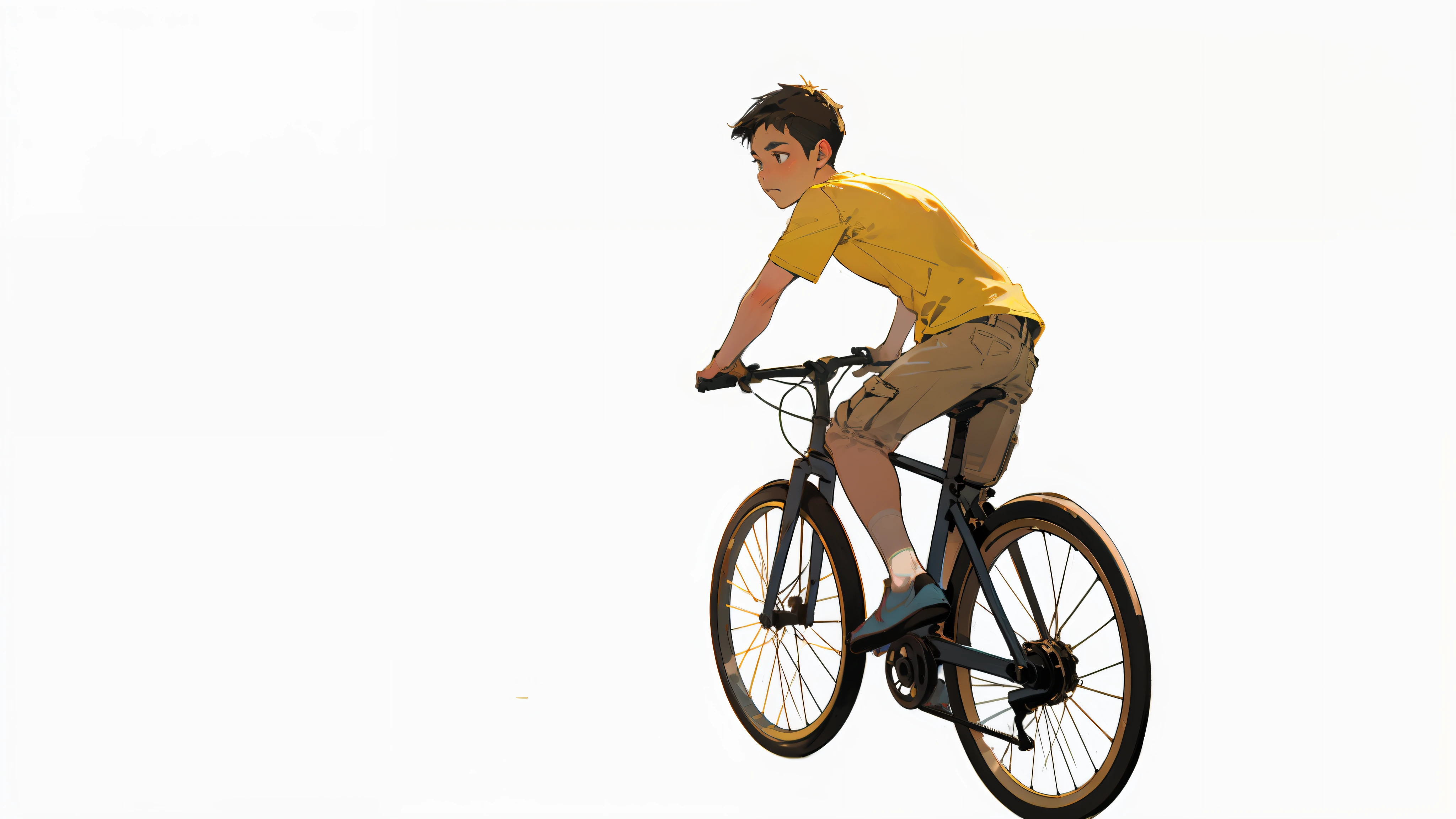 A young man of 23 years, robust jaw, short black hair, spiky cut, light brown eyes, white skin. blue T-shirt, jeans, Vans-style sneakers, 3-day beard, riding a bicycle, in the background a street, sidewalk and houses and trees