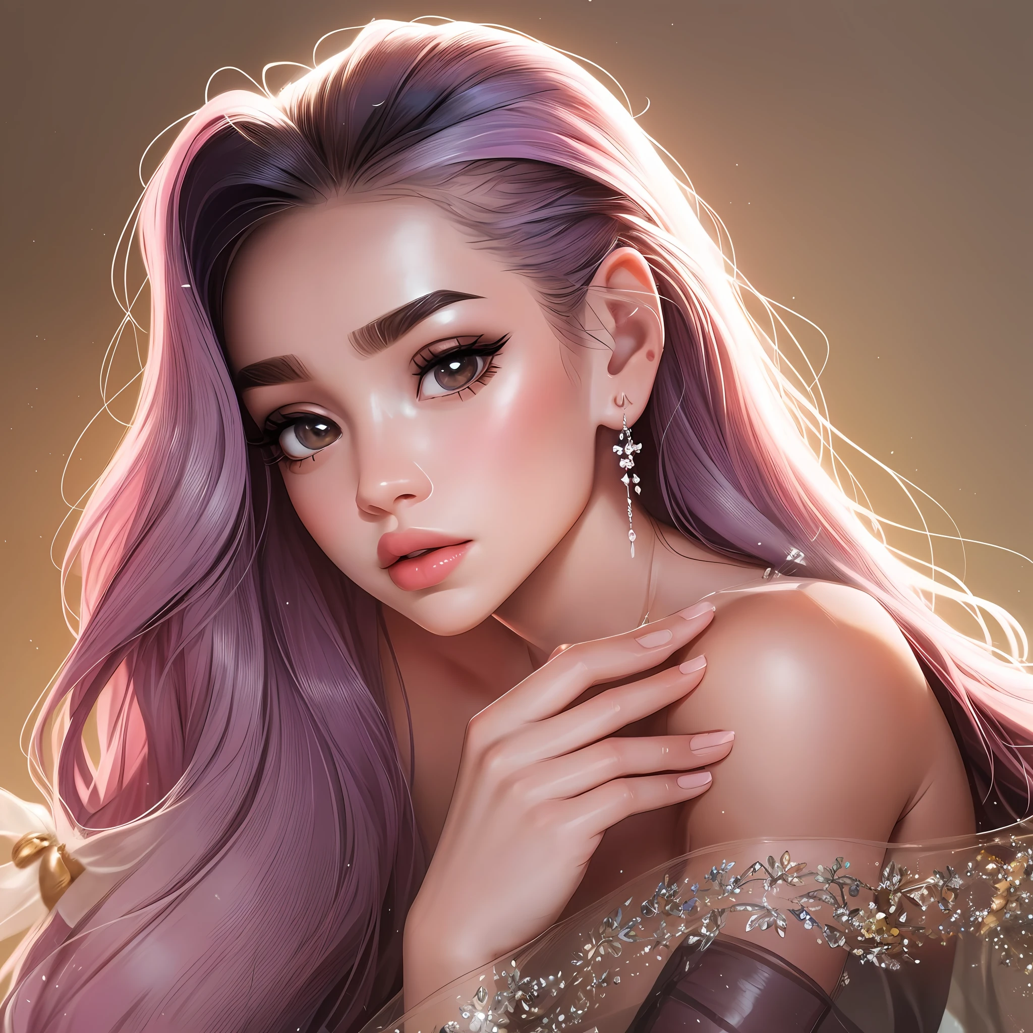 tirar o dedo, mum close up de uma mulher com longos cabelos roxos e um vestido, RossDraw Retrato, Rossdraw 1. 0, Arte no estilo de Guweiz, beautiful digital illustration, :: Ross, Modelo IG | Artgerm, trending on artstration, Rossdraw 2. 5, estilo de arte de fantasia, RossDraw pintura digital, stunning digital illustration