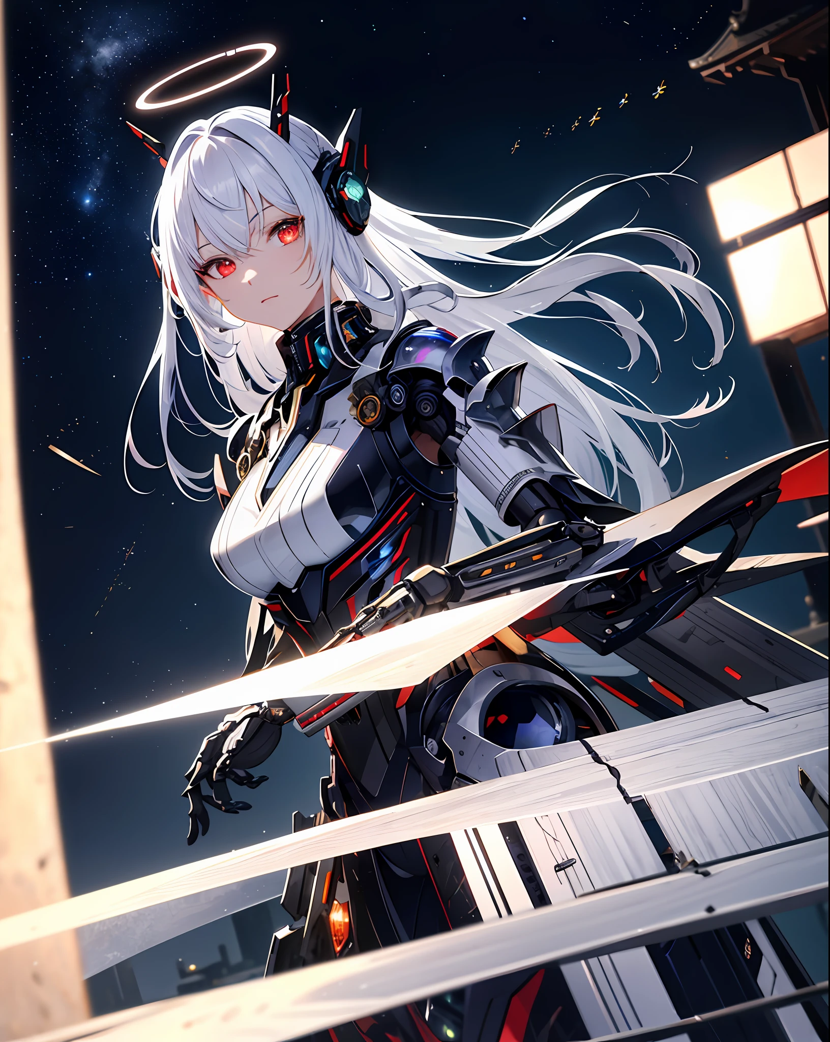 masterpiece,best quality,ultra-detailed,very detailed illustrations,extremely detailed,intricate details,highres,super complex details,extremely detailed 8k cg wallpaper,cowboy shot, caustics,reflection,ray tracing,demontheme,nebula,dark aura,cyber effect, (1girl:1.4),solo,alone,mecha musume,mechanical parts, robot joints,single mechanical arm, headgear, mechanical halo,star halo,intricate mechanical bodysuit, mecha corset, kimono, full armor, very long hair,white hair, hair between eyes, multicolored hair, colored inner hair, red eyes,glowing eye,eye trail, random expressions,random action, ancient japanese architecture,pond, starry sky,skyline,