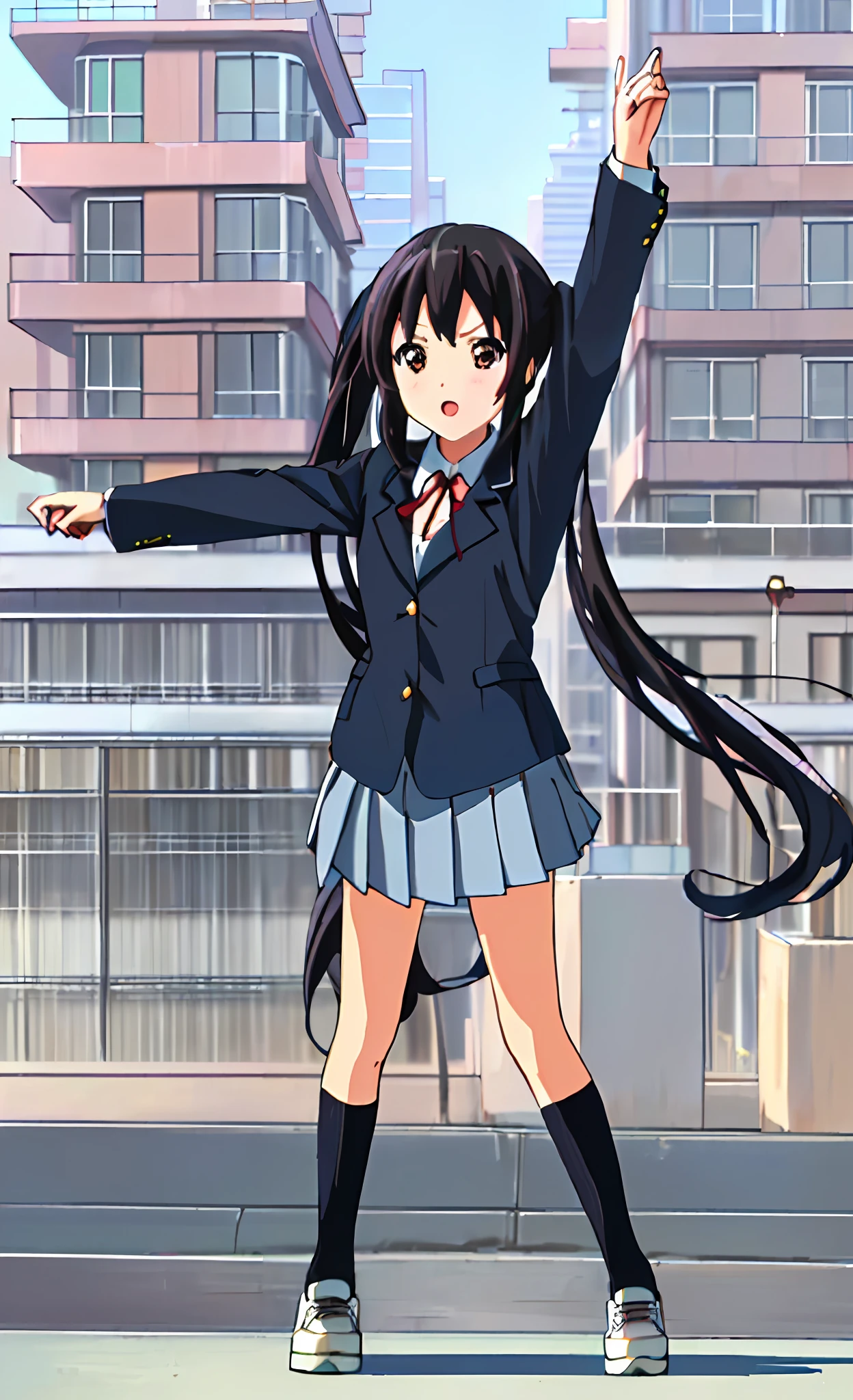 1girl, ((((Masterpiece))), Best Quality, Best Quality, High Detail, Azusa Nakano, 1girl, Sakuragaoka High School Uniform, Musical Instrument, School Uniform, Twin Tails, Long Hair, Black Hair, Brown Eyes, Solo, Red, Dark blue blazer with a thin ribbon of red, Solid white button shirt under blazer, Illustration, Cartoon, Soothing tones, Muted colors, Soft cinematic light, Adobe Lightroom, Photo Lab, HDR, complex and highly detailed, (((depth of field))))). (((Masterpiece))). (((highest quality))).) ((super detail))). (((Illustration))). (((Outside))). (((fighting stance))).,((((Giantization))).dynamic focus.small breasts. (((skyscrapers))). (((Cityscape))). (((Face of sadness))). Open mouth. Spread arms, hands do not hold anything,