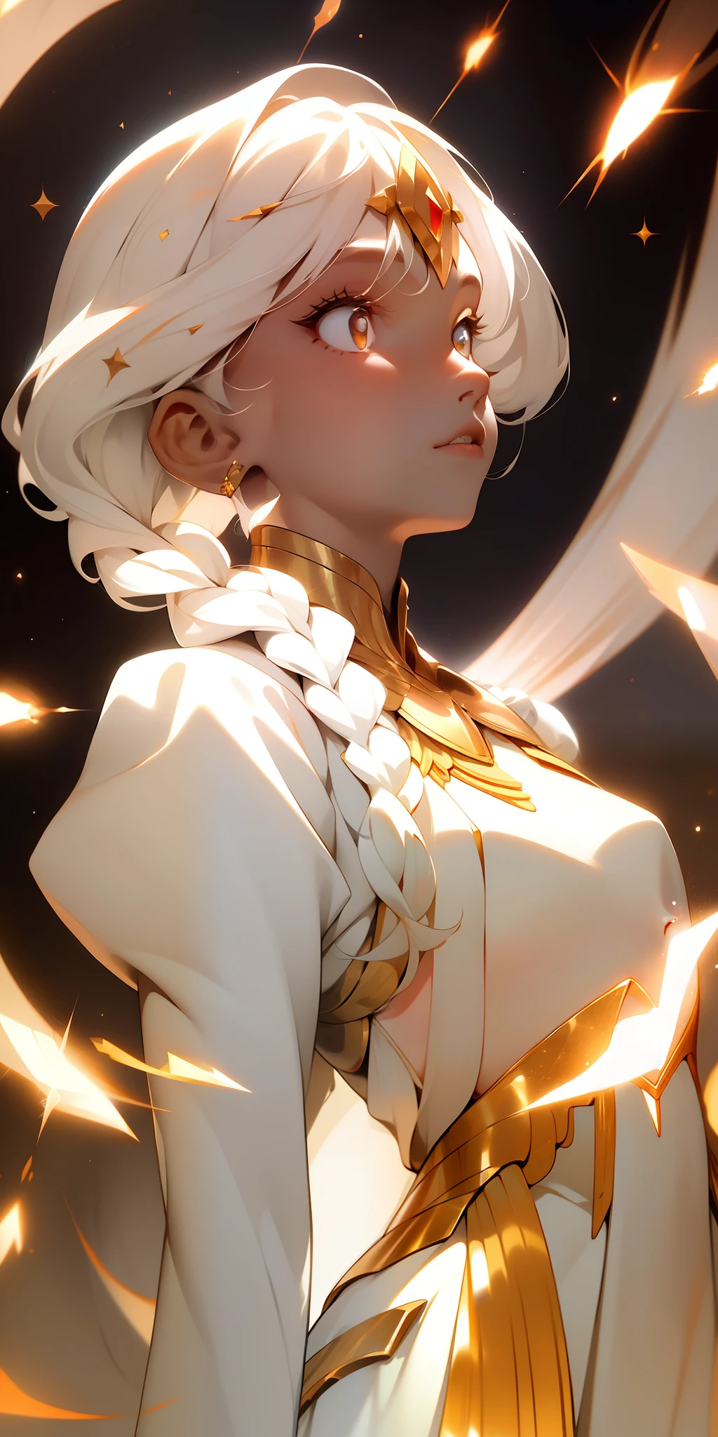 best quality, masterpiece,white hair, gold eyes,white clothes, luminescent, Light particles, spark, looking up, upper body, hair strand, Fair skin, side braids