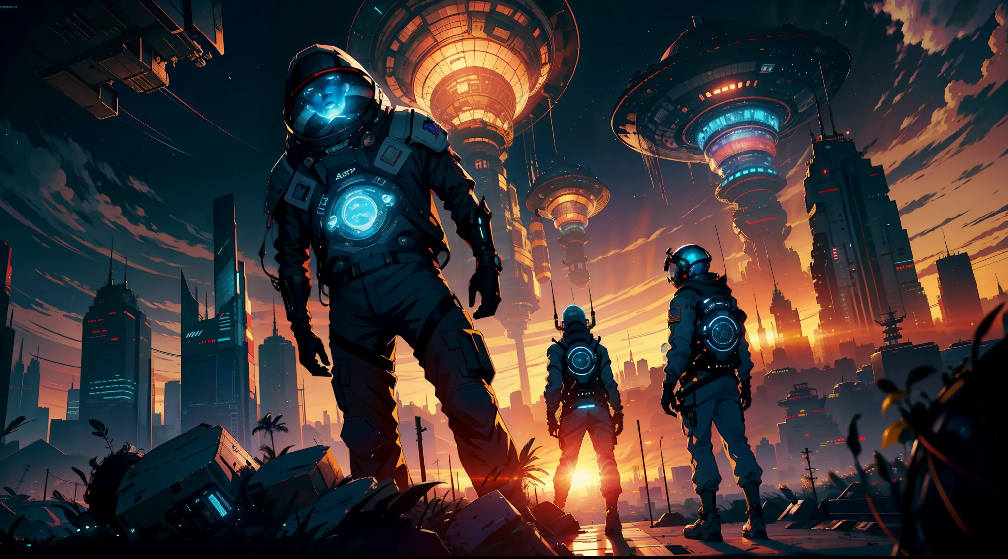 astronauts partying and dancing with aliens on a big platform at sunset in a cyberpunk planet, ufos in the sky, highly detailed, epic, sci-fi, ornate, by eugene von guerard, ivan shishkin, dramatic lighting, concept art, trending on artstation, 8k Style: Photographic